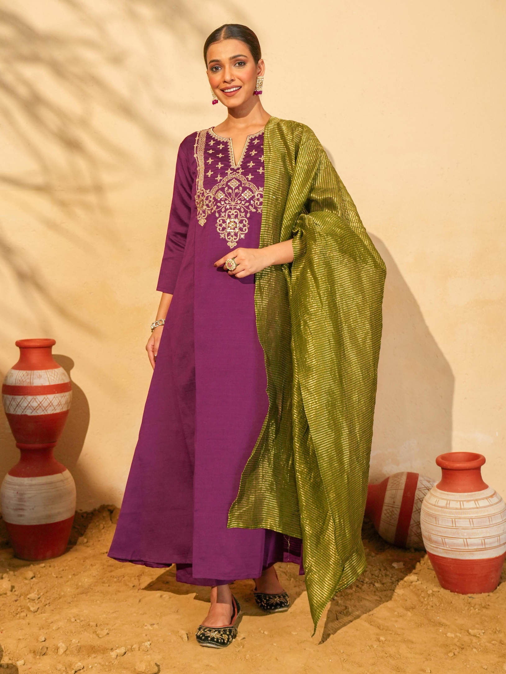 Wine Floral Designer Embroidery Silk Slub Straight Suit