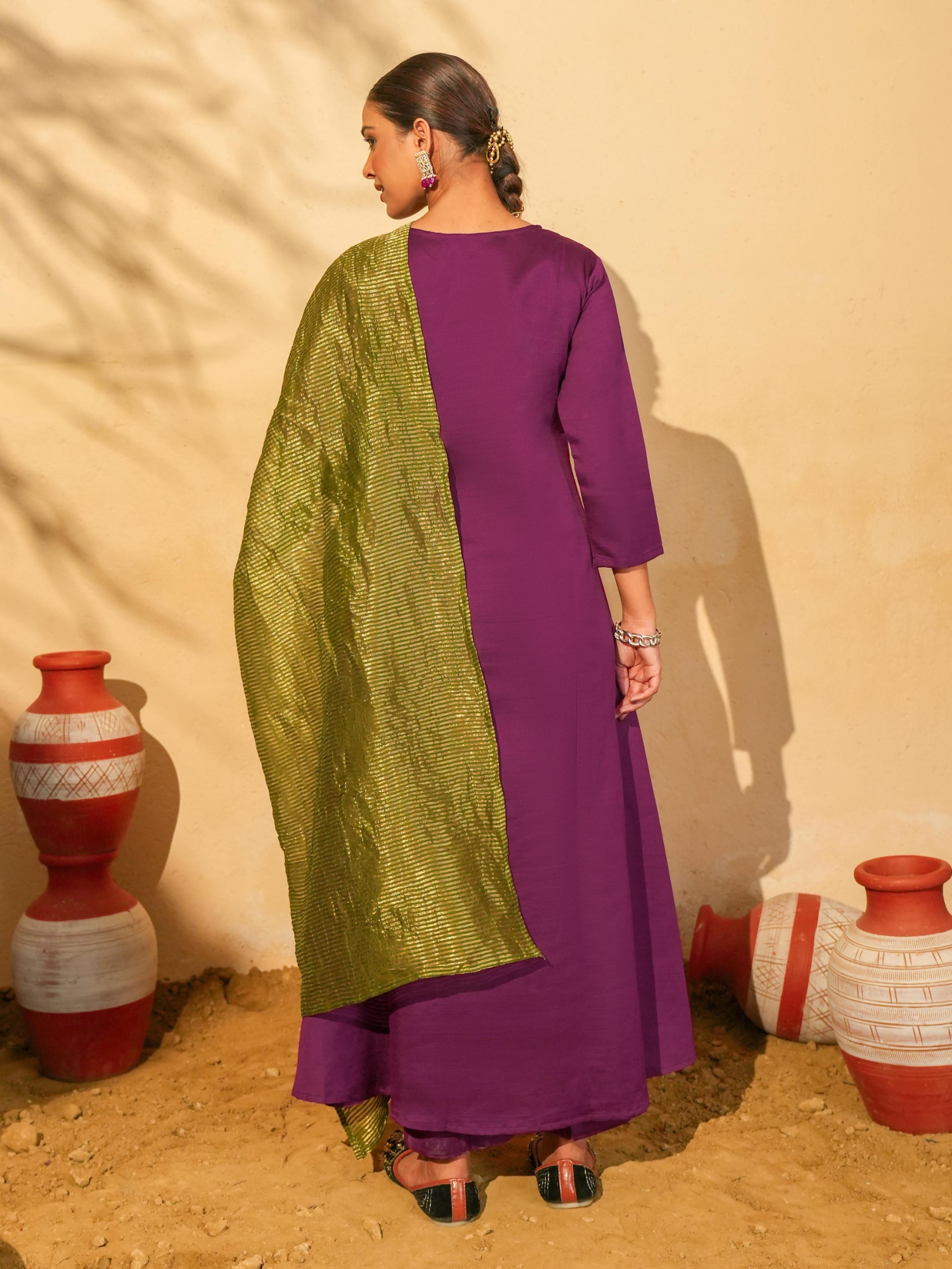 Wine Floral Designer Embroidery Silk Slub Straight Suit — alternate view