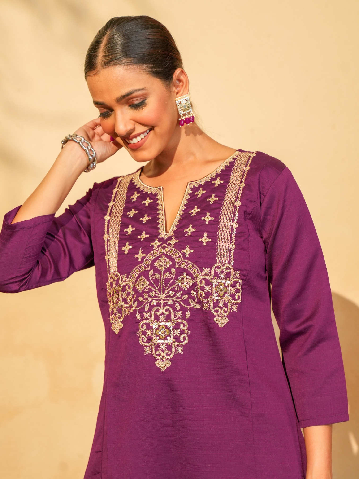 Wine Floral Designer Embroidery Silk Slub Straight Suit