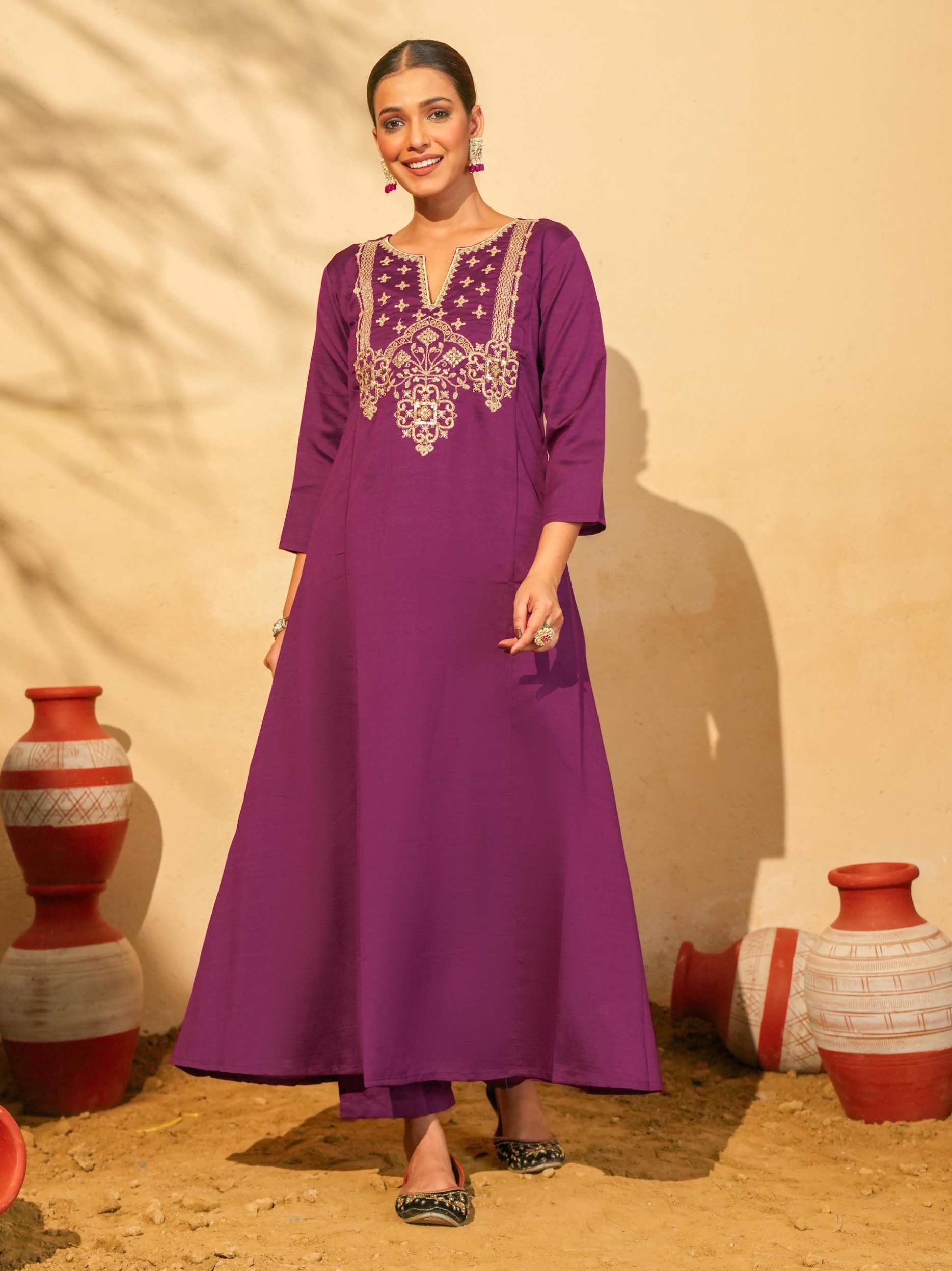 Wine Floral Designer Embroidery Silk Slub Straight Suit