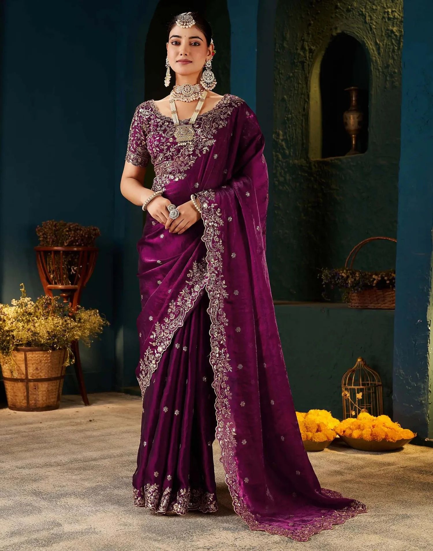 Wine Floral Embroidered Designer Saree