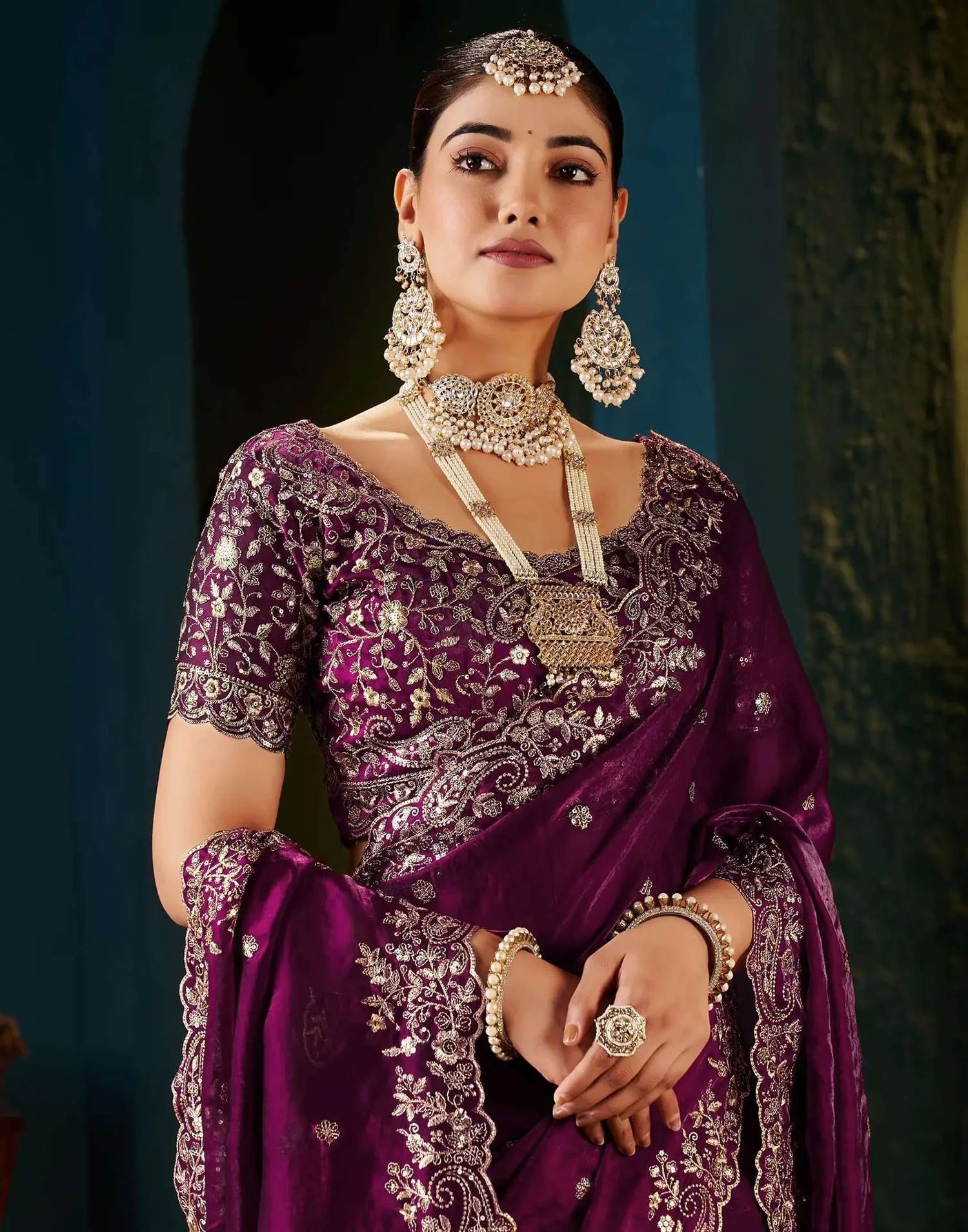Wine Floral Embroidered Designer Saree — alternate view