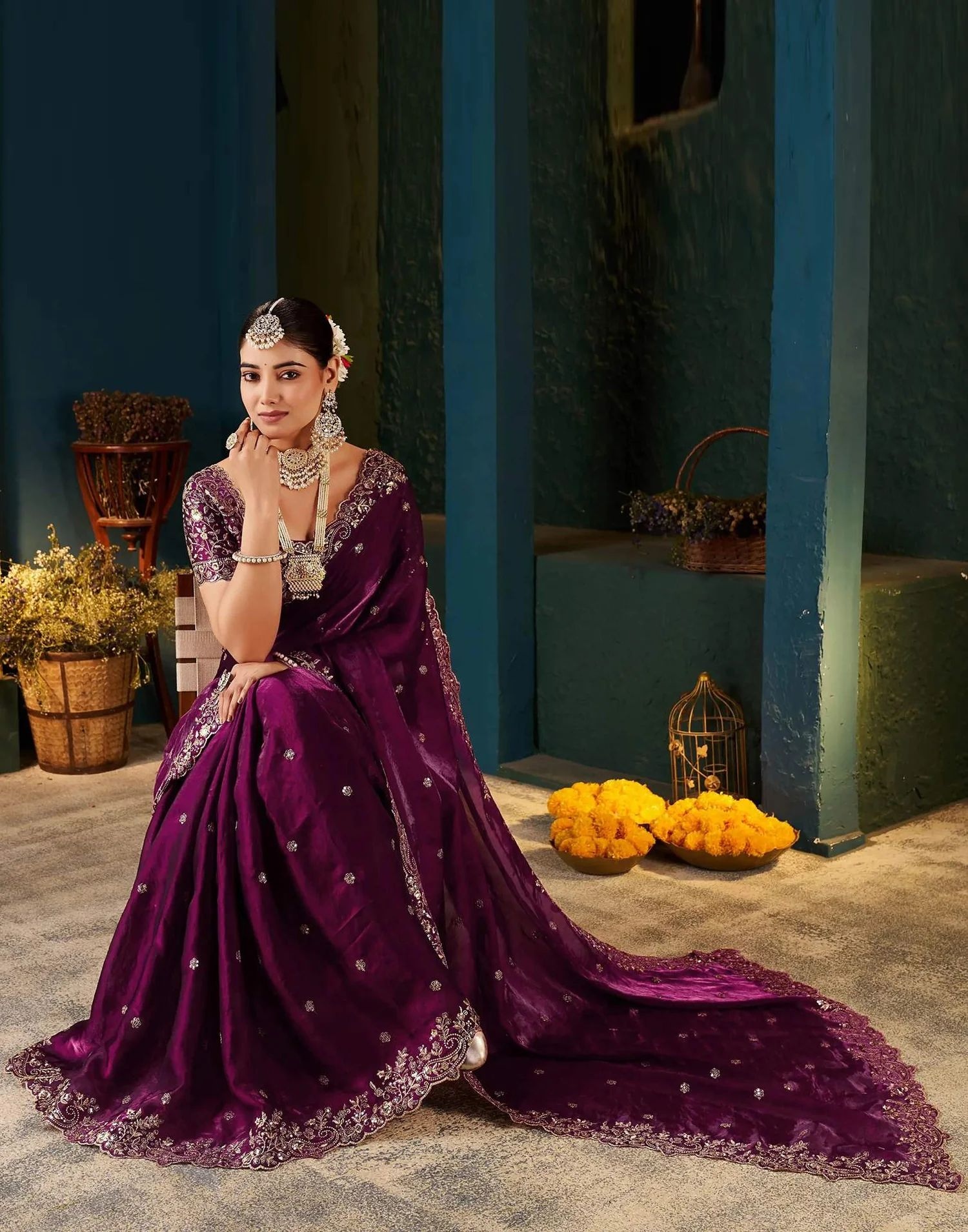 Wine Floral Embroidered Designer Saree