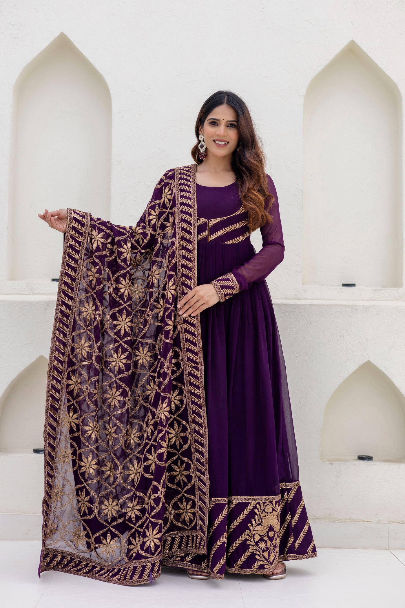 Wine Floral Embroidered Georgette Empire Gown