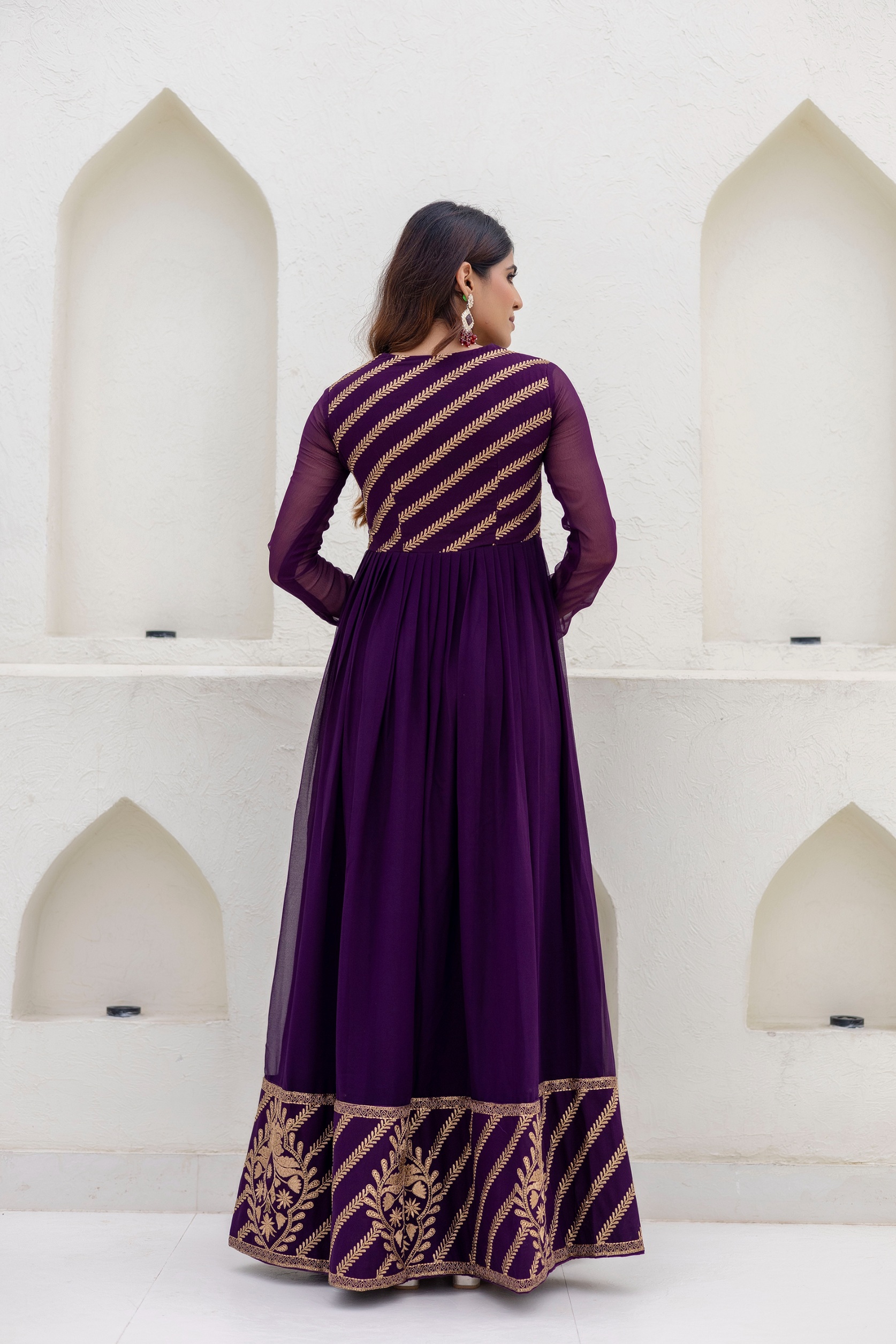 Wine Floral Embroidered Georgette Empire Gown — alternate view