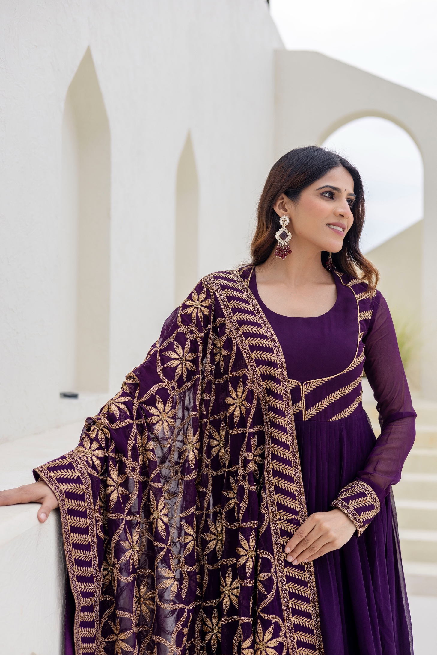 Wine Floral Embroidered Georgette Empire Gown