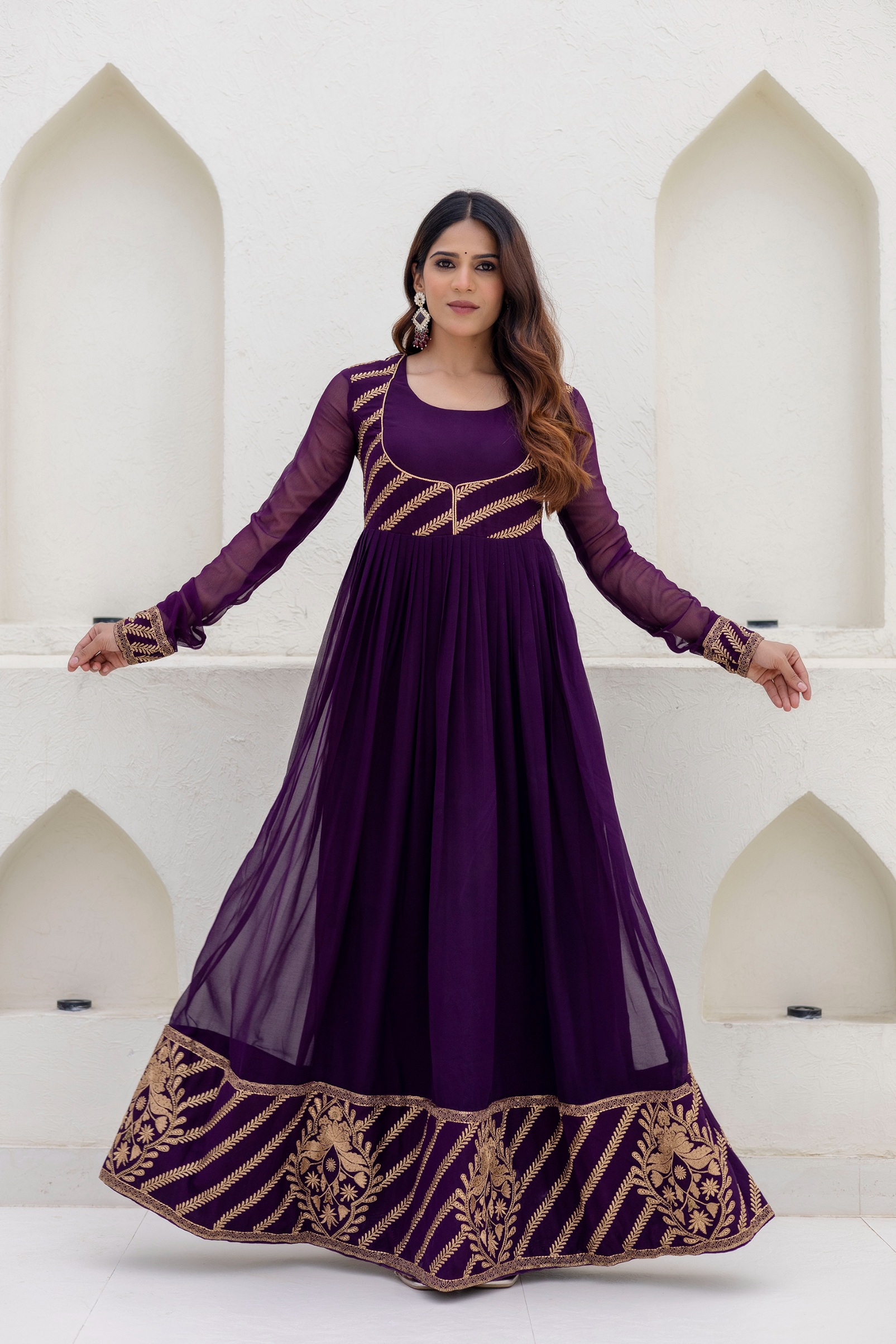 Wine Floral Embroidered Georgette Empire Gown