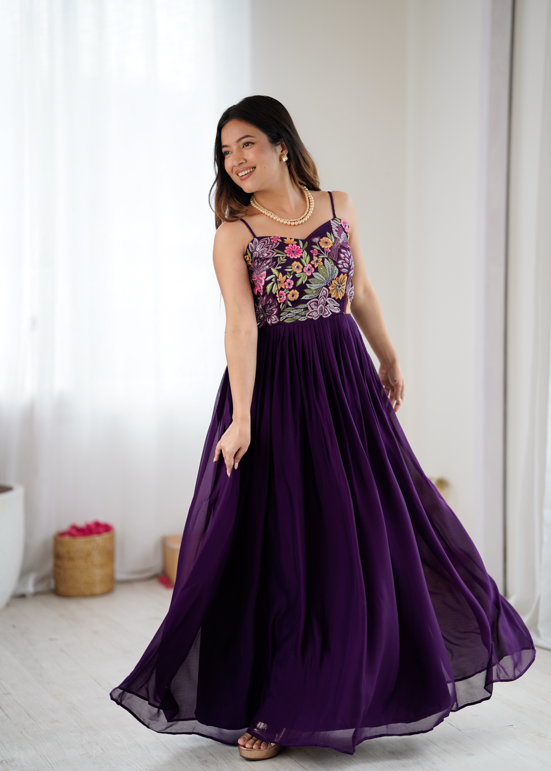Wine Floral Embroidered Georgette Gown
