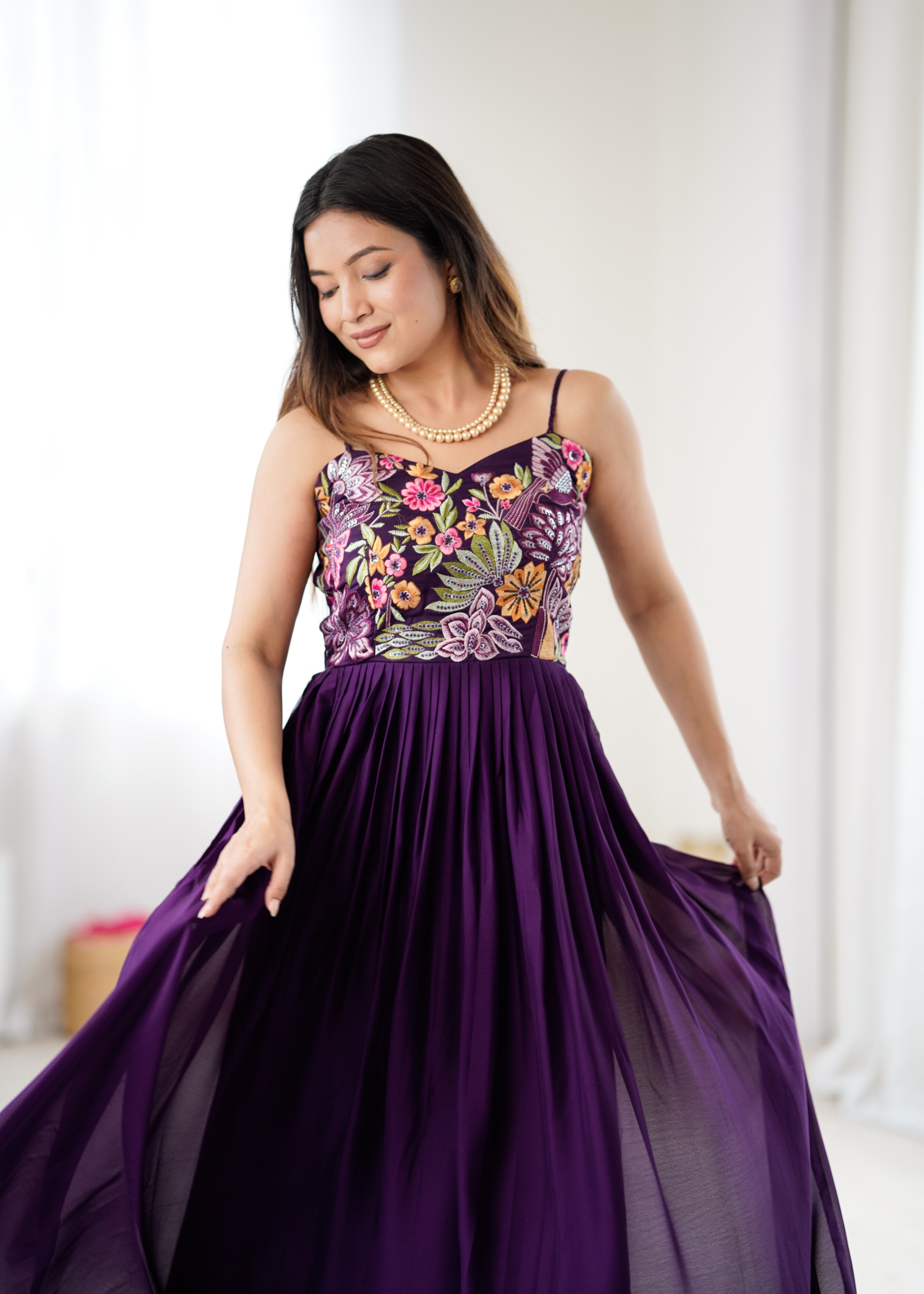 Wine Floral Embroidered Georgette Gown