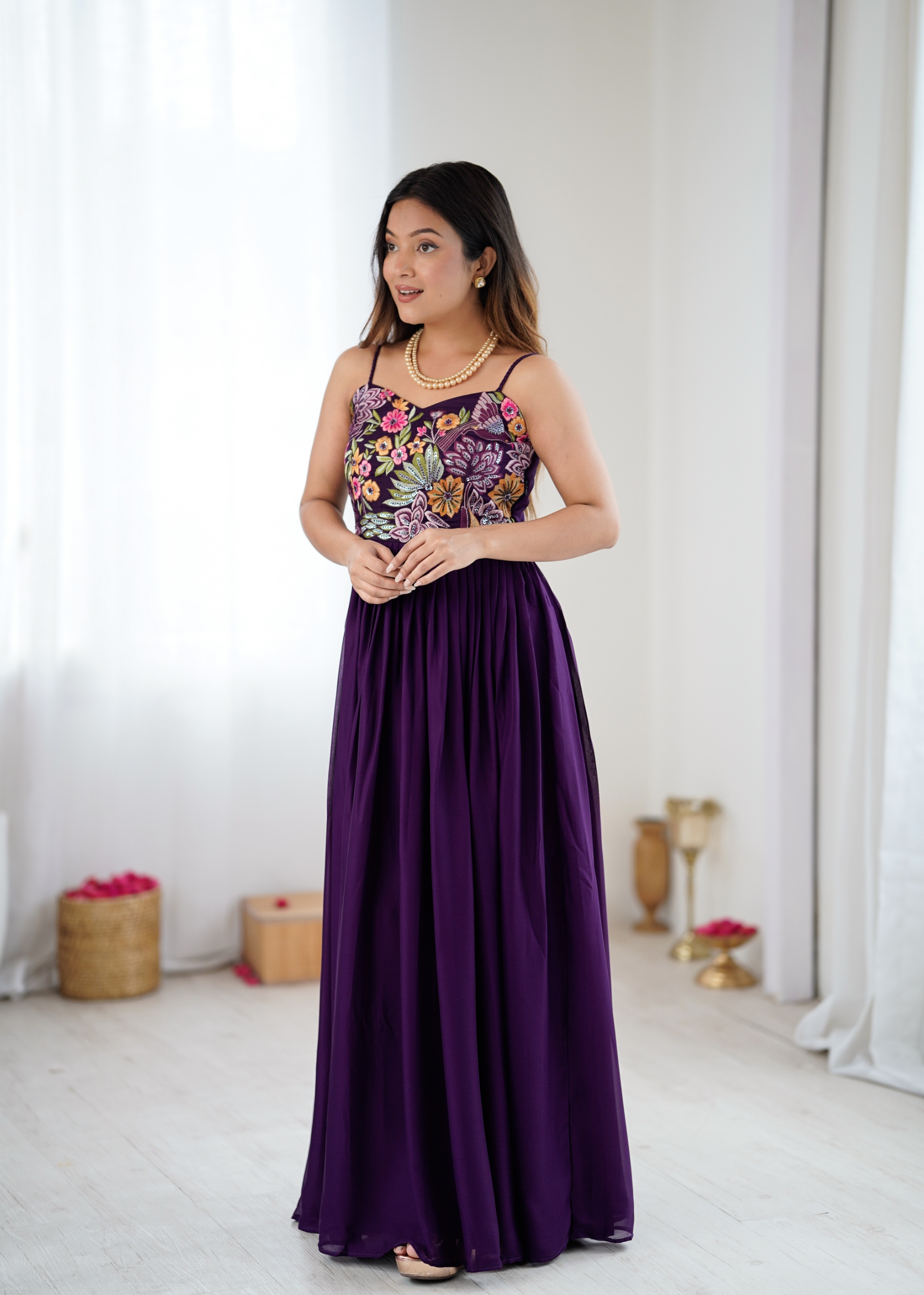 Wine Floral Embroidered Georgette Gown