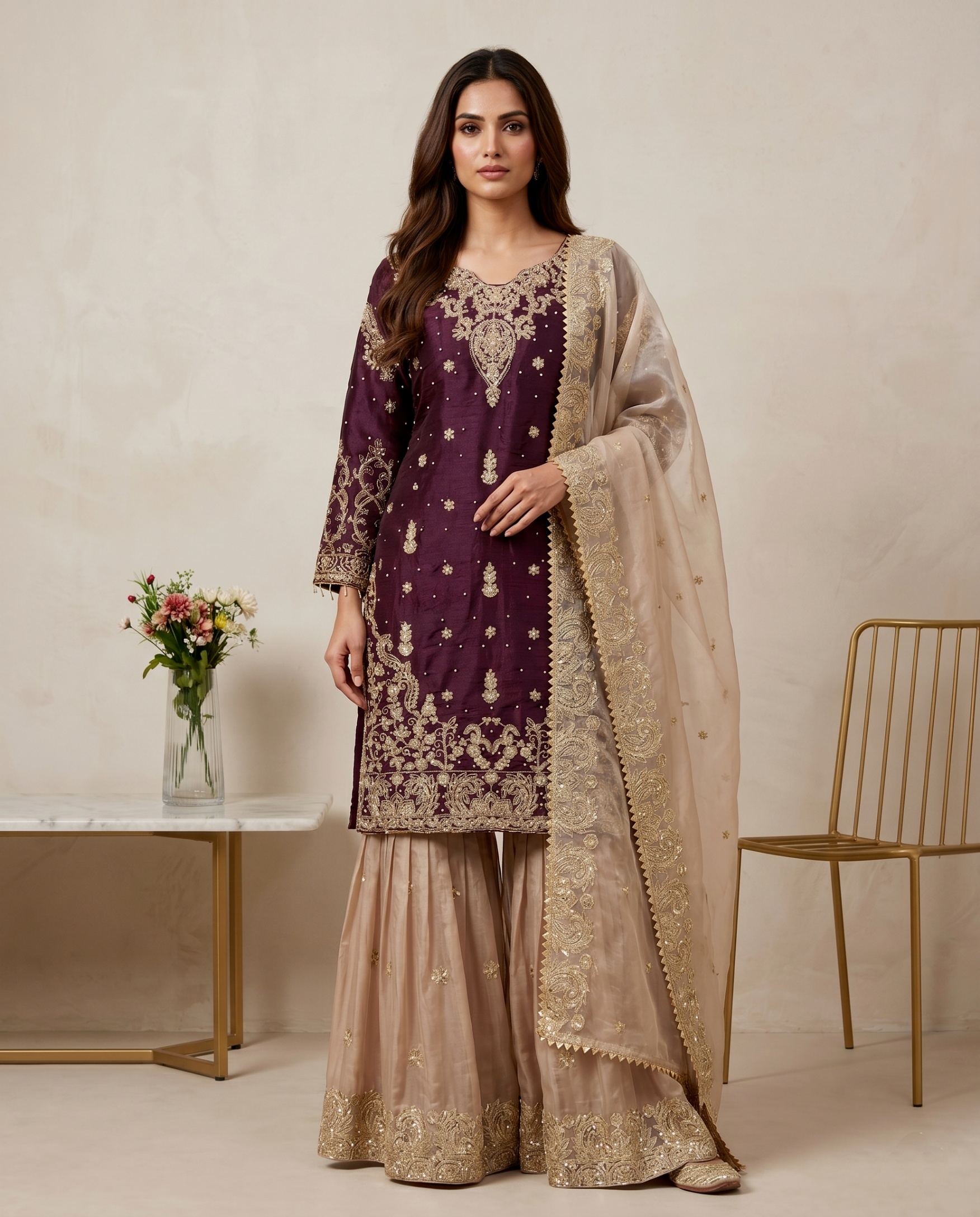 Wine Floral Embroidered Gmy Silk Straight Sharara Suit