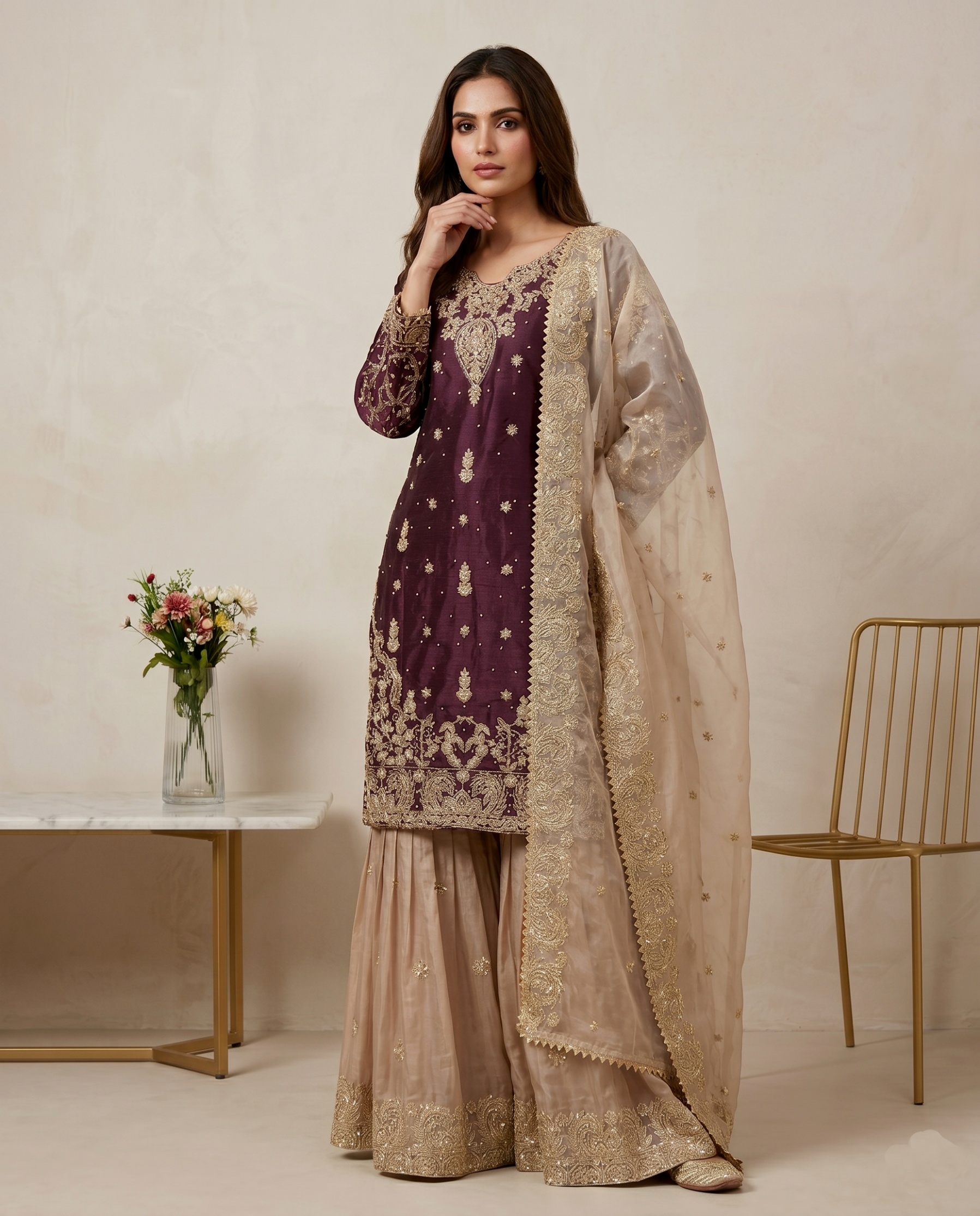 Wine Floral Embroidered Gmy Silk Straight Sharara Suit — alternate view