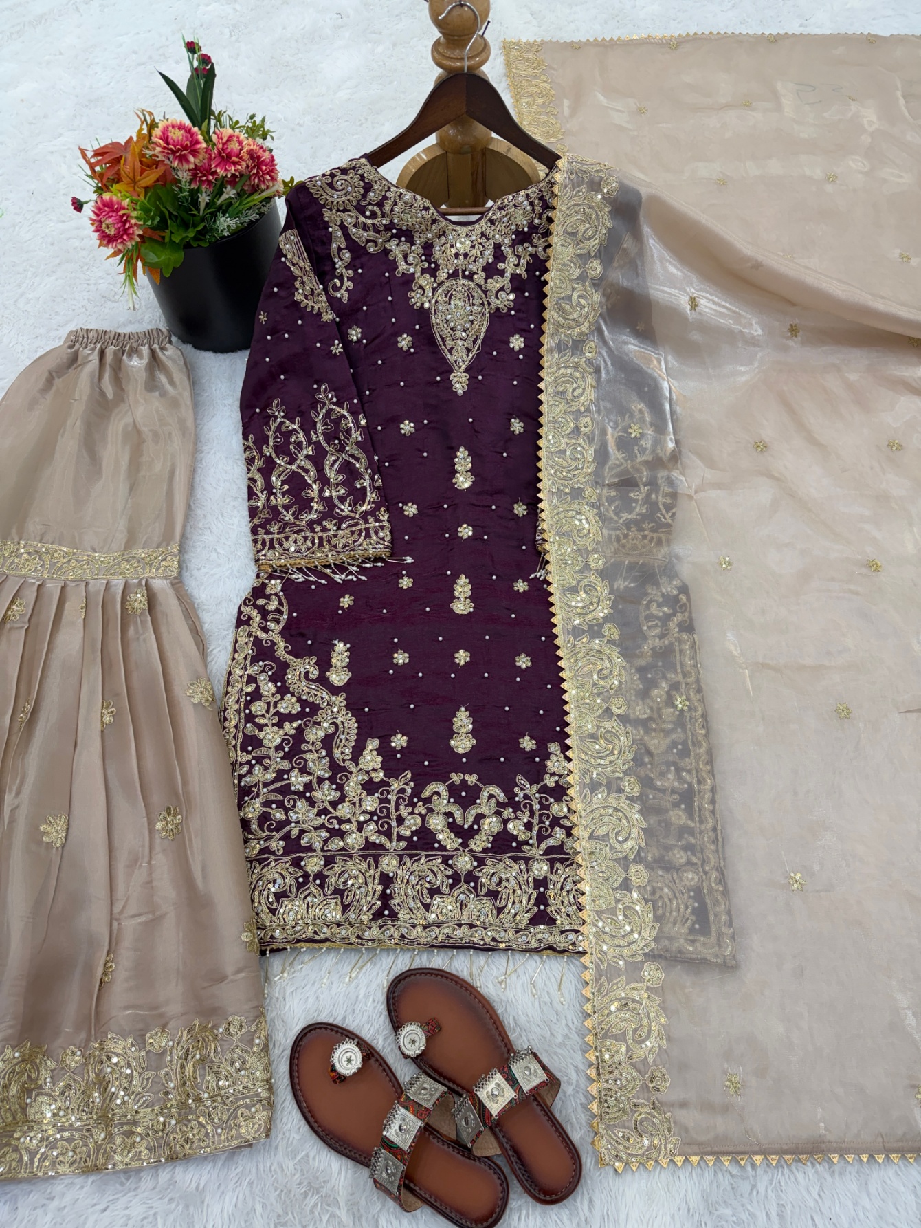 Wine Floral Embroidered Gmy Silk Straight Sharara Suit