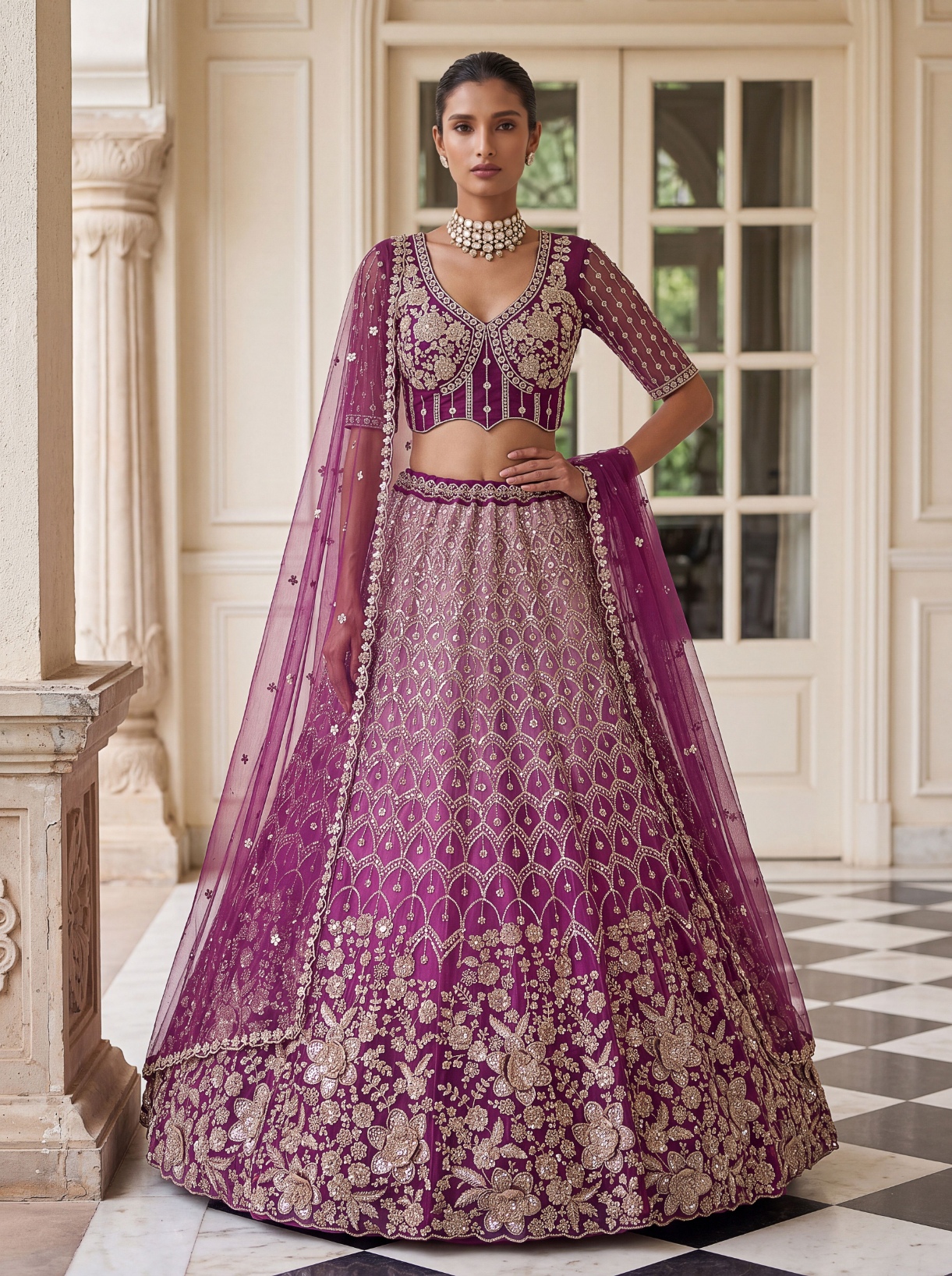 Wine Floral Embroidered Net Lehenga Choli