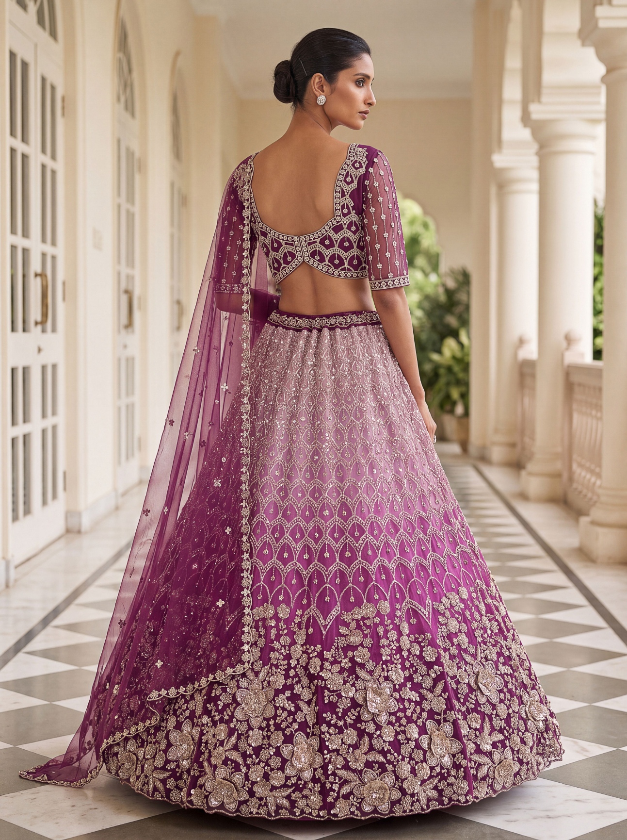 Wine Floral Embroidered Net Lehenga Choli — alternate view