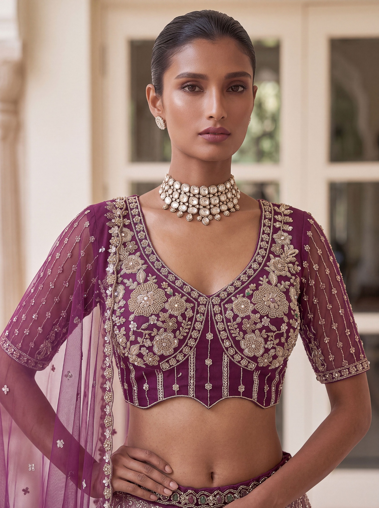 Wine Floral Embroidered Net Lehenga Choli