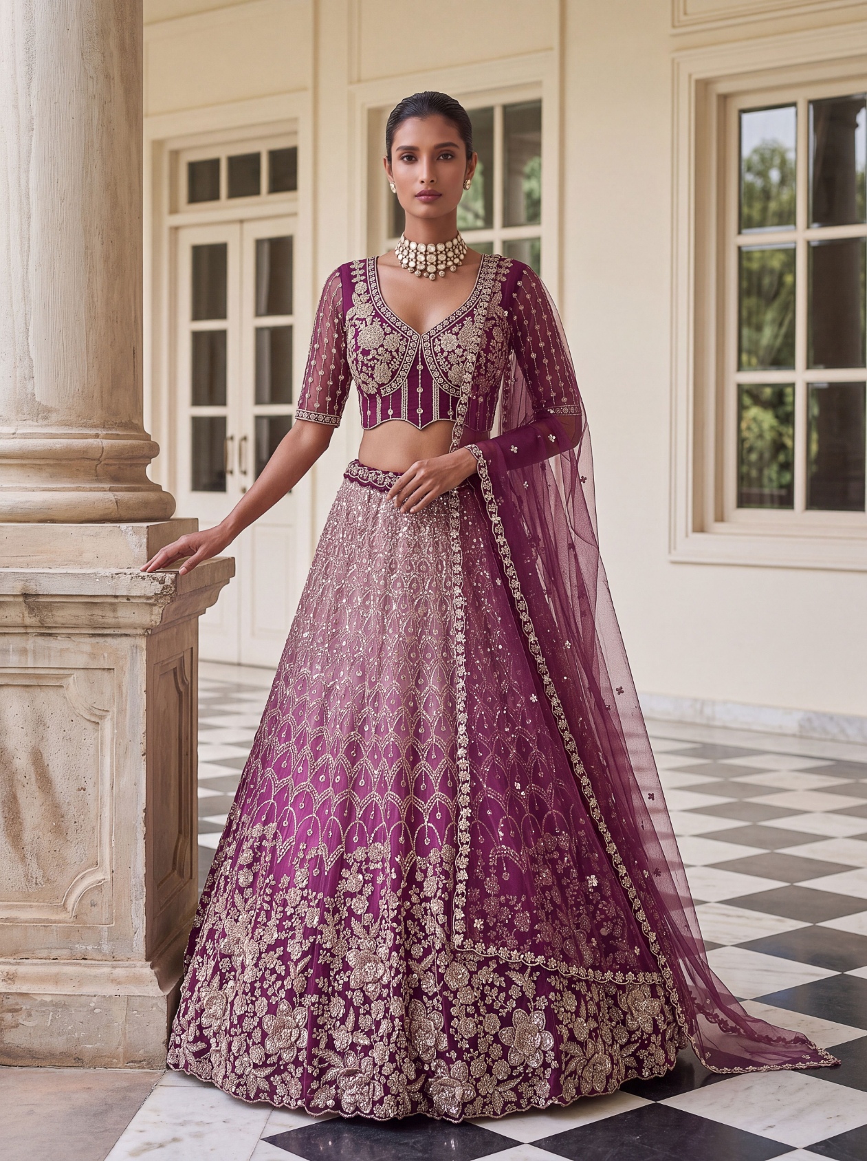 Wine Floral Embroidered Net Lehenga Choli
