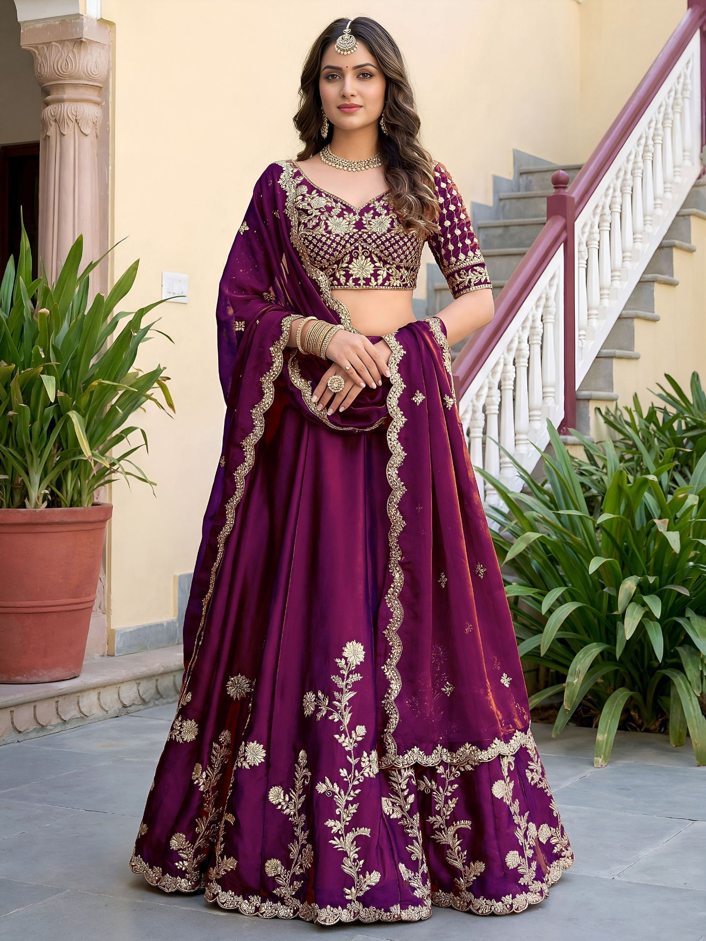 Wine Floral Embroidered Rangoli Silk Lehenga Choli