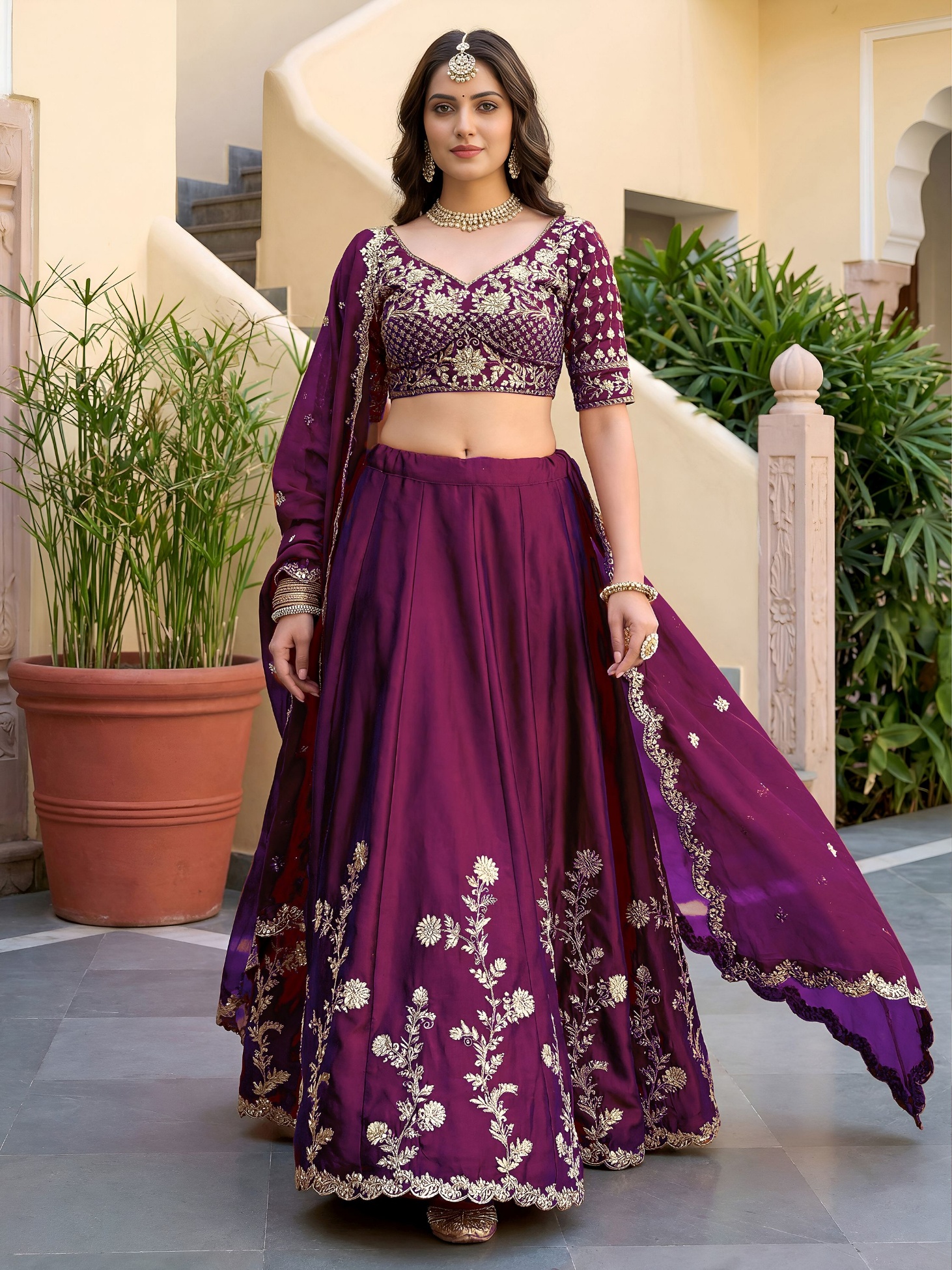 Wine Floral Embroidered Rangoli Silk Lehenga Choli