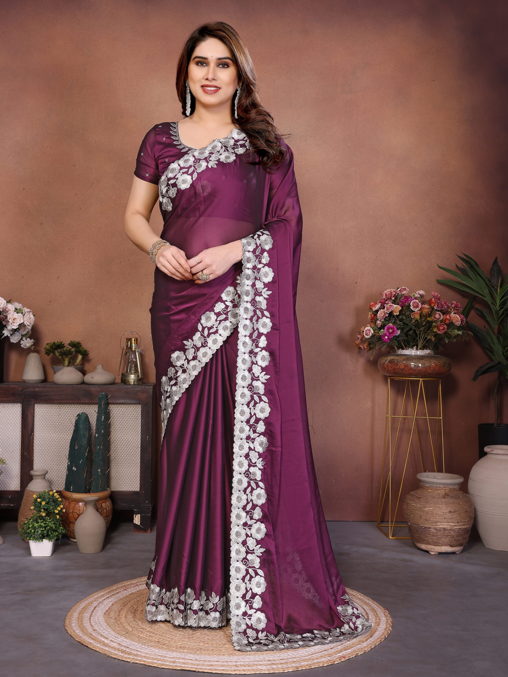 Wine Floral Embroidered Rangoli Silk Occasion Saree