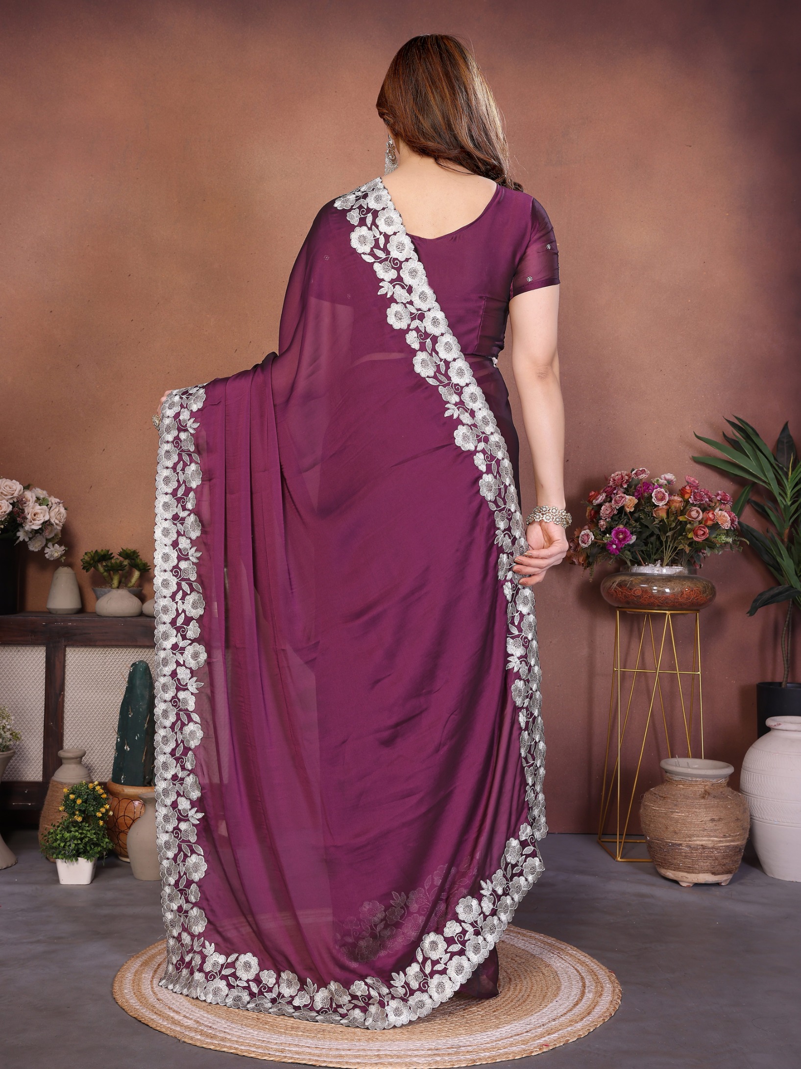 Wine Floral Embroidered Rangoli Silk Occasion Saree — alternate view
