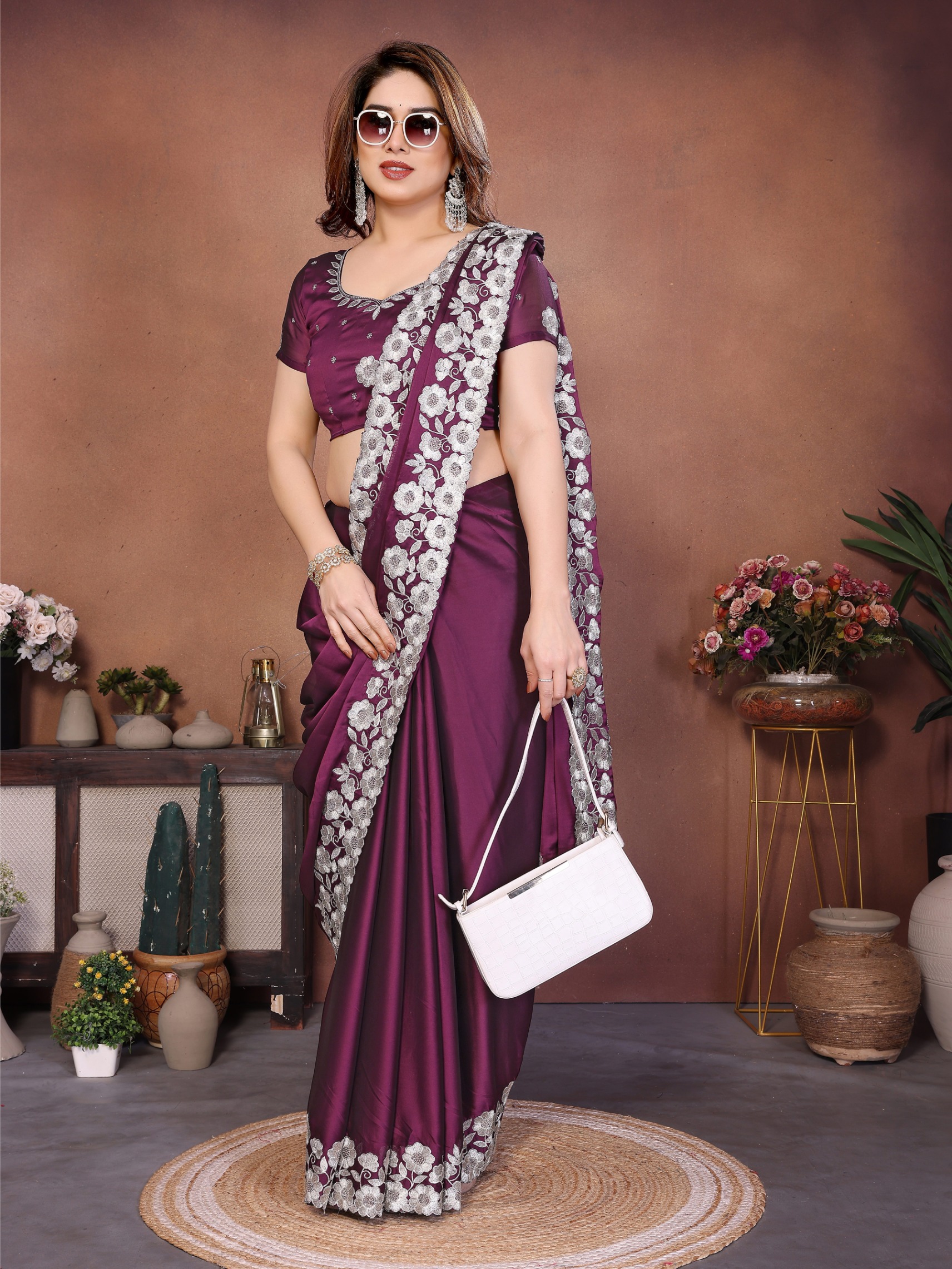 Wine Floral Embroidered Rangoli Silk Occasion Saree