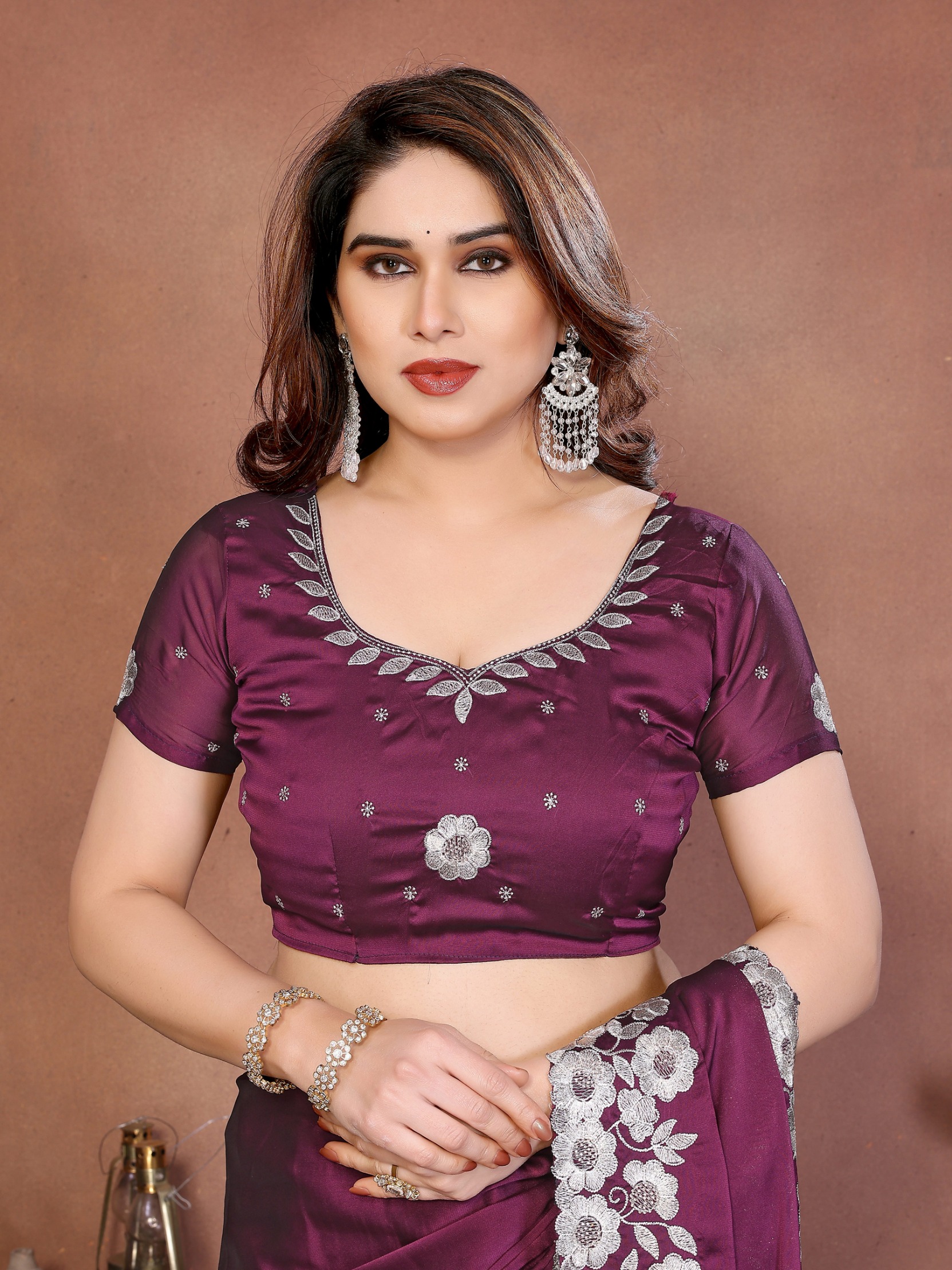 Wine Floral Embroidered Rangoli Silk Occasion Saree