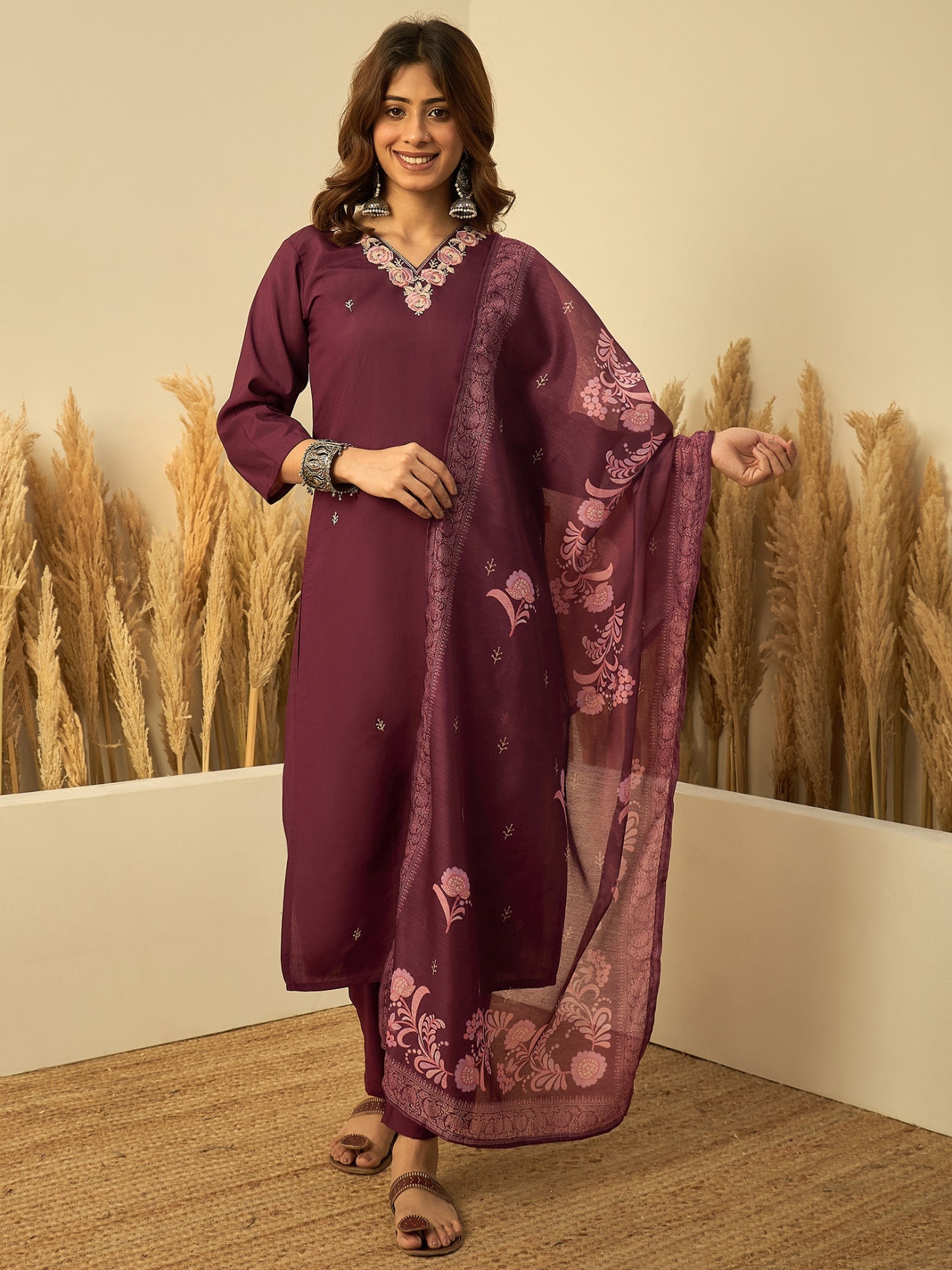 Wine Floral Embroidered Silk Blend Kurta Set