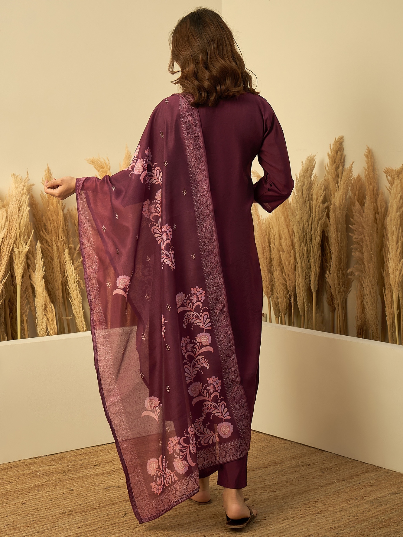 Wine Floral Embroidered Silk Blend Kurta Set — alternate view