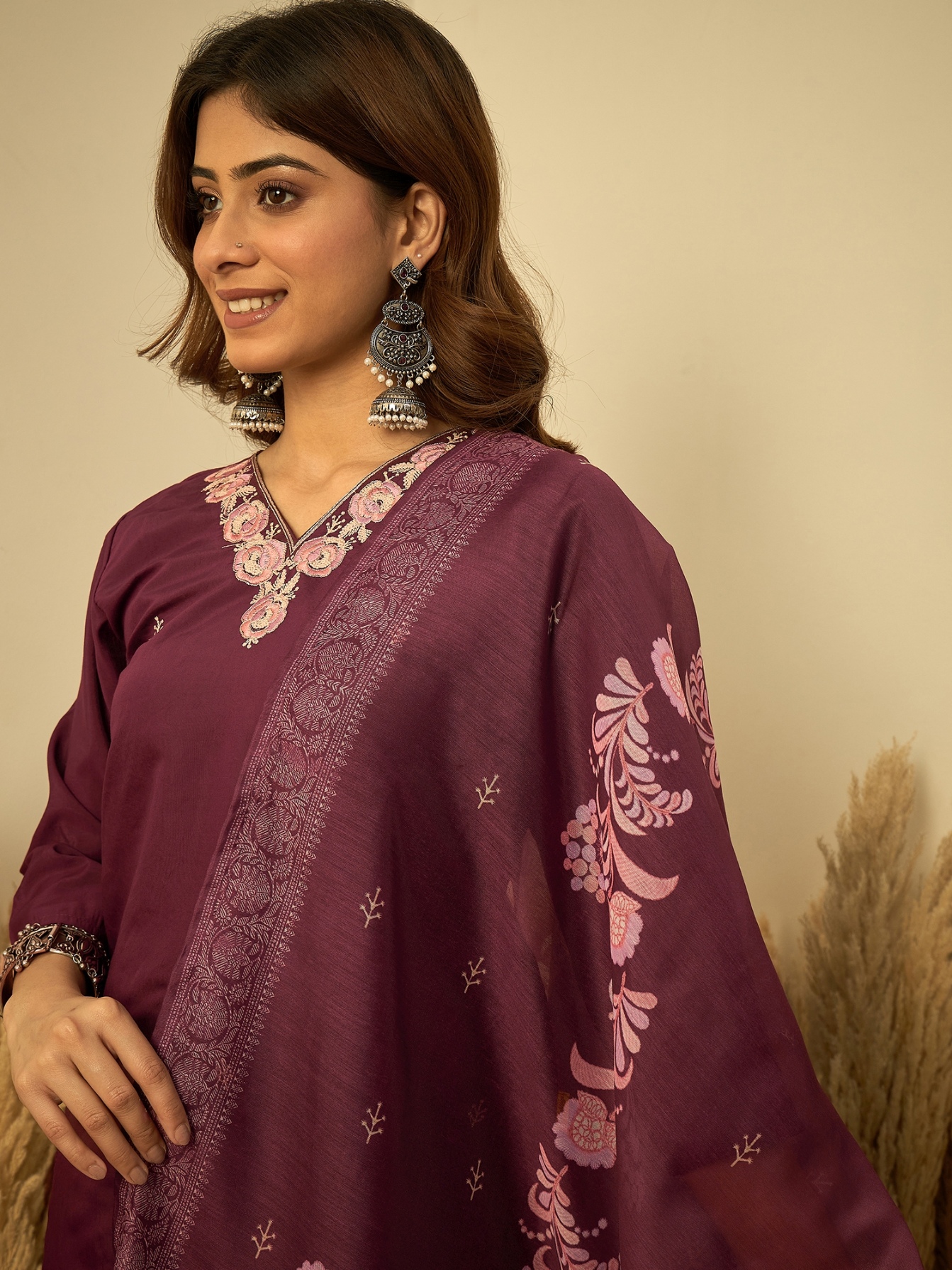 Wine Floral Embroidered Silk Blend Kurta Set