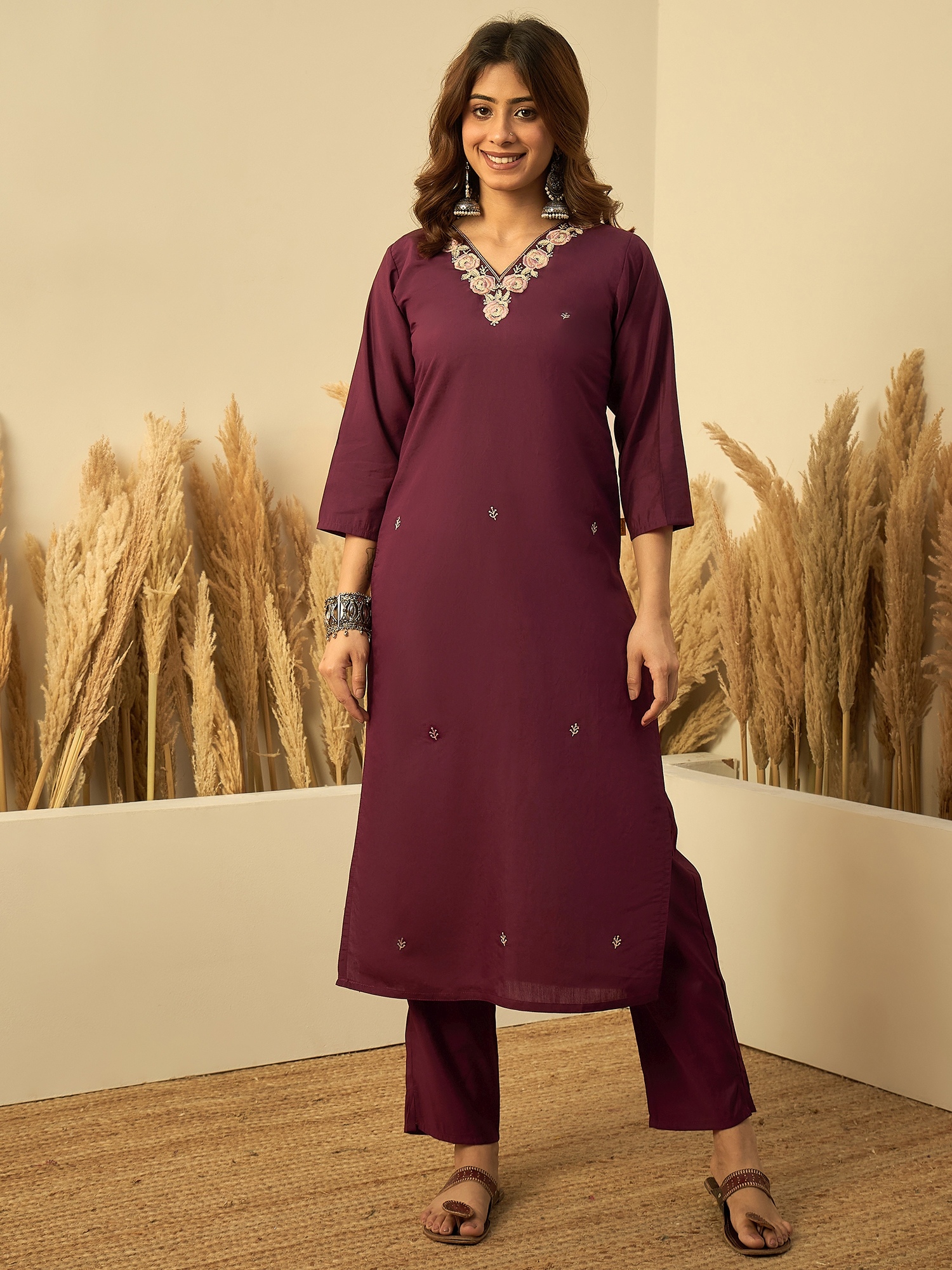 Wine Floral Embroidered Silk Blend Kurta Set