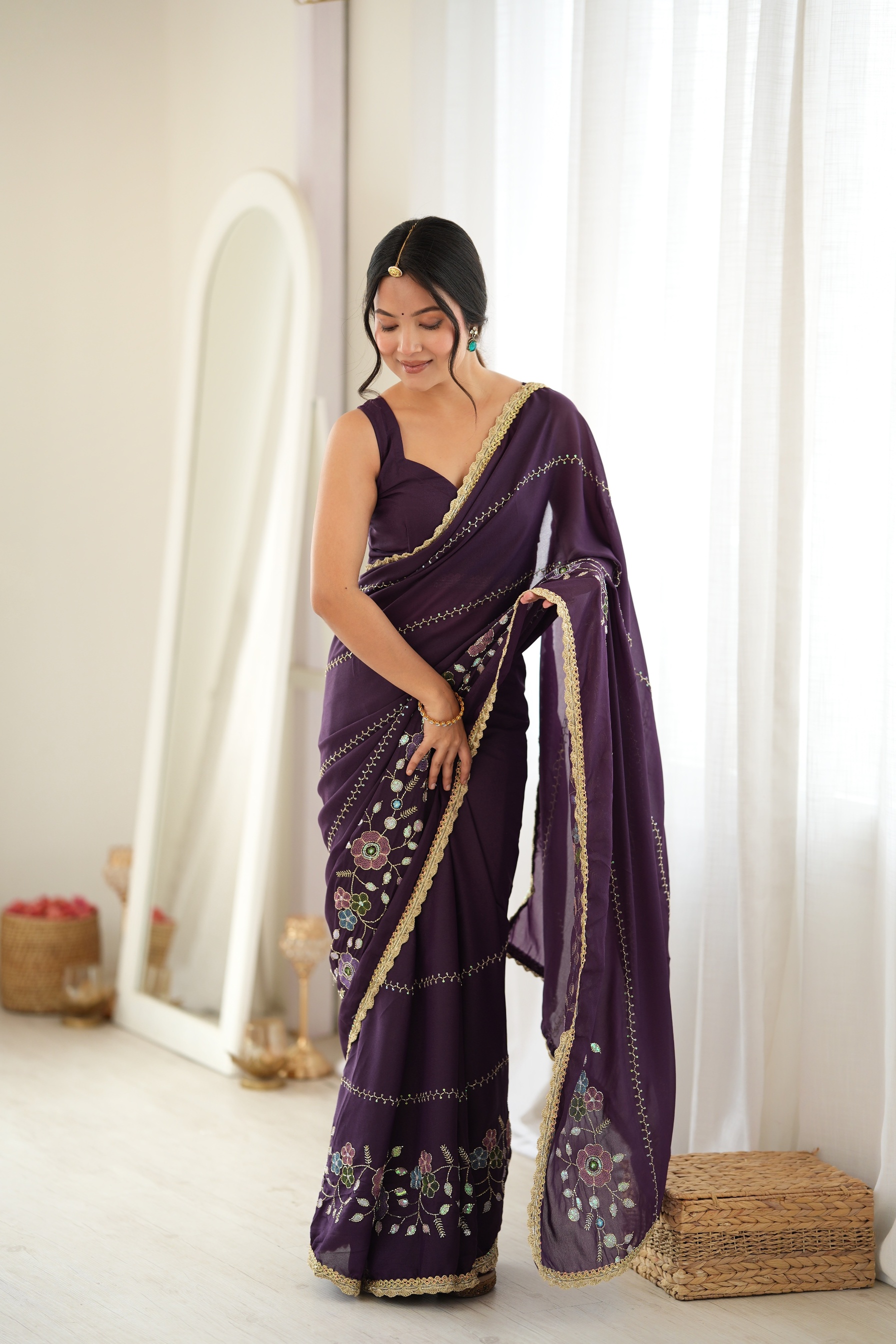 Wine Floral Embroidered Star Georgette Saree