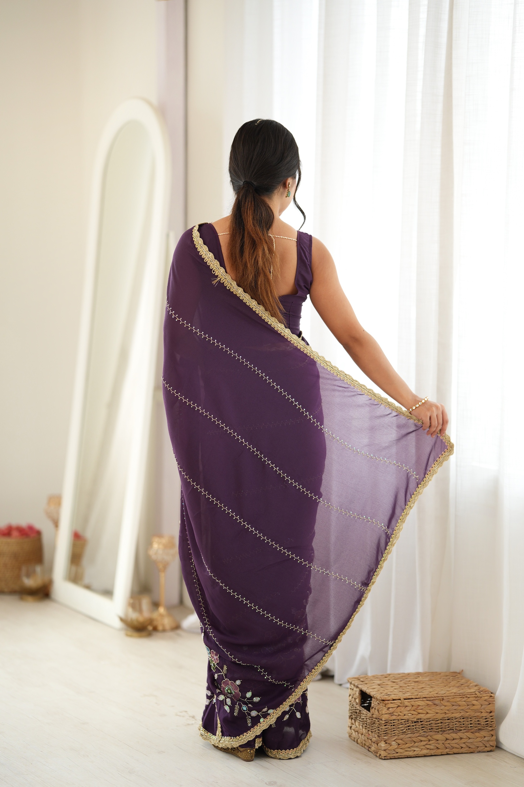 Wine Floral Embroidered Star Georgette Saree — alternate view