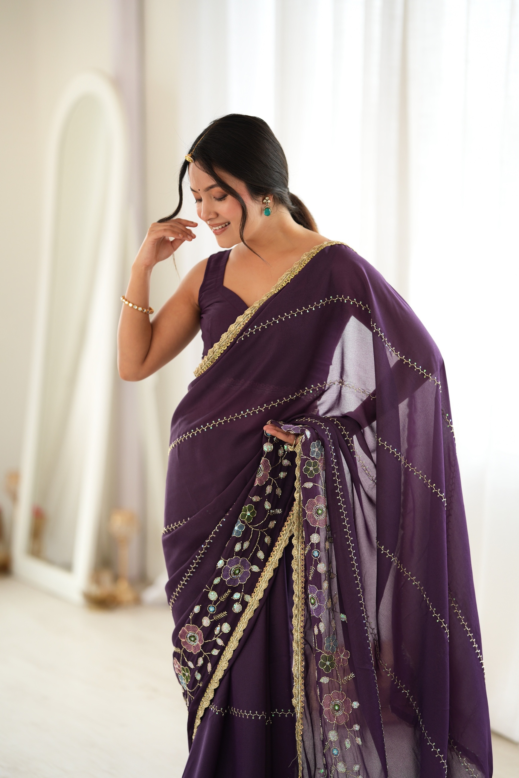 Wine Floral Embroidered Star Georgette Saree