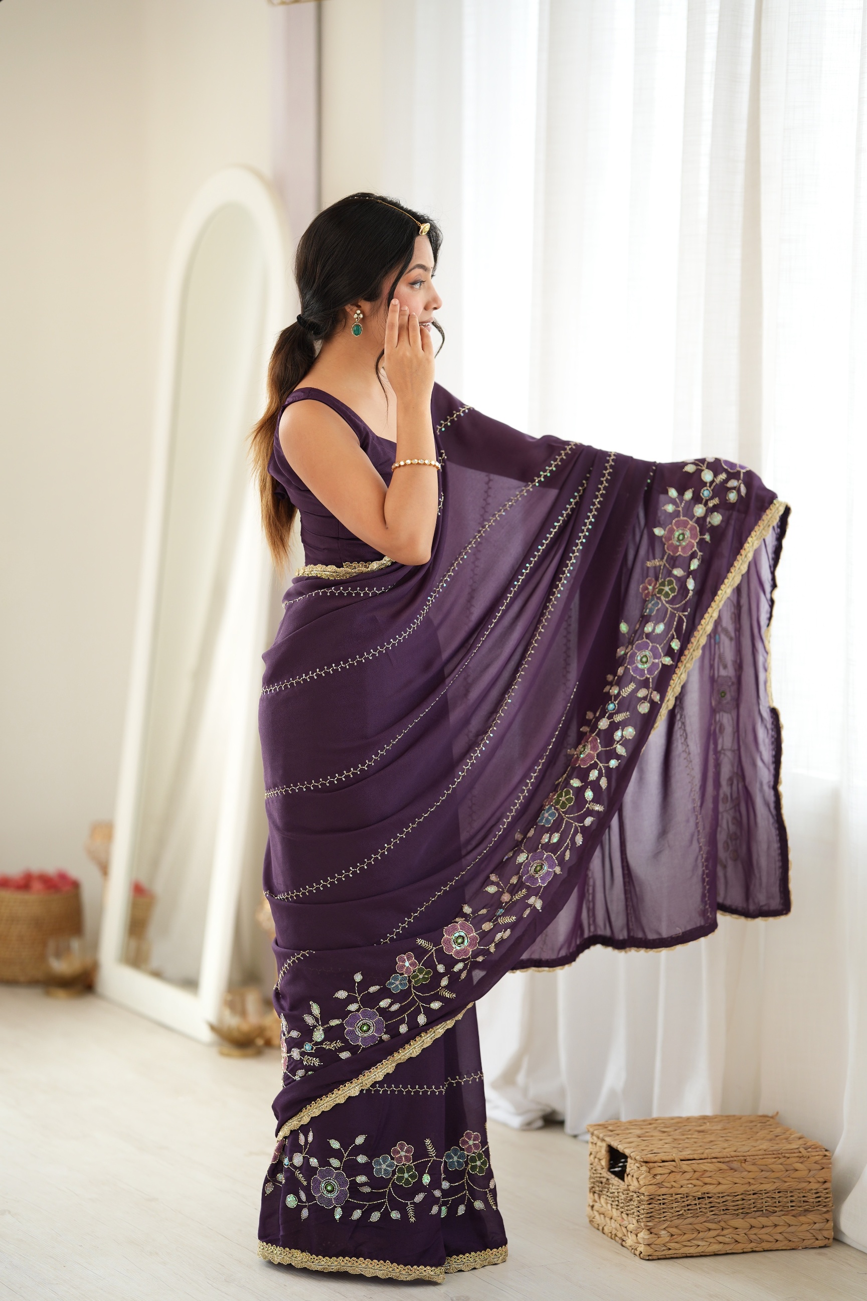 Wine Floral Embroidered Star Georgette Saree