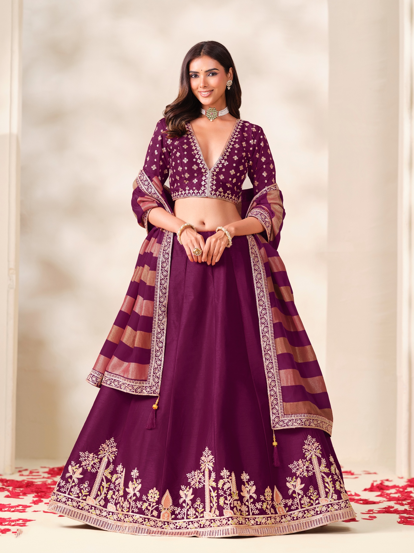 Wine Floral Embroidery Art Silk Circular Lehenga Choli