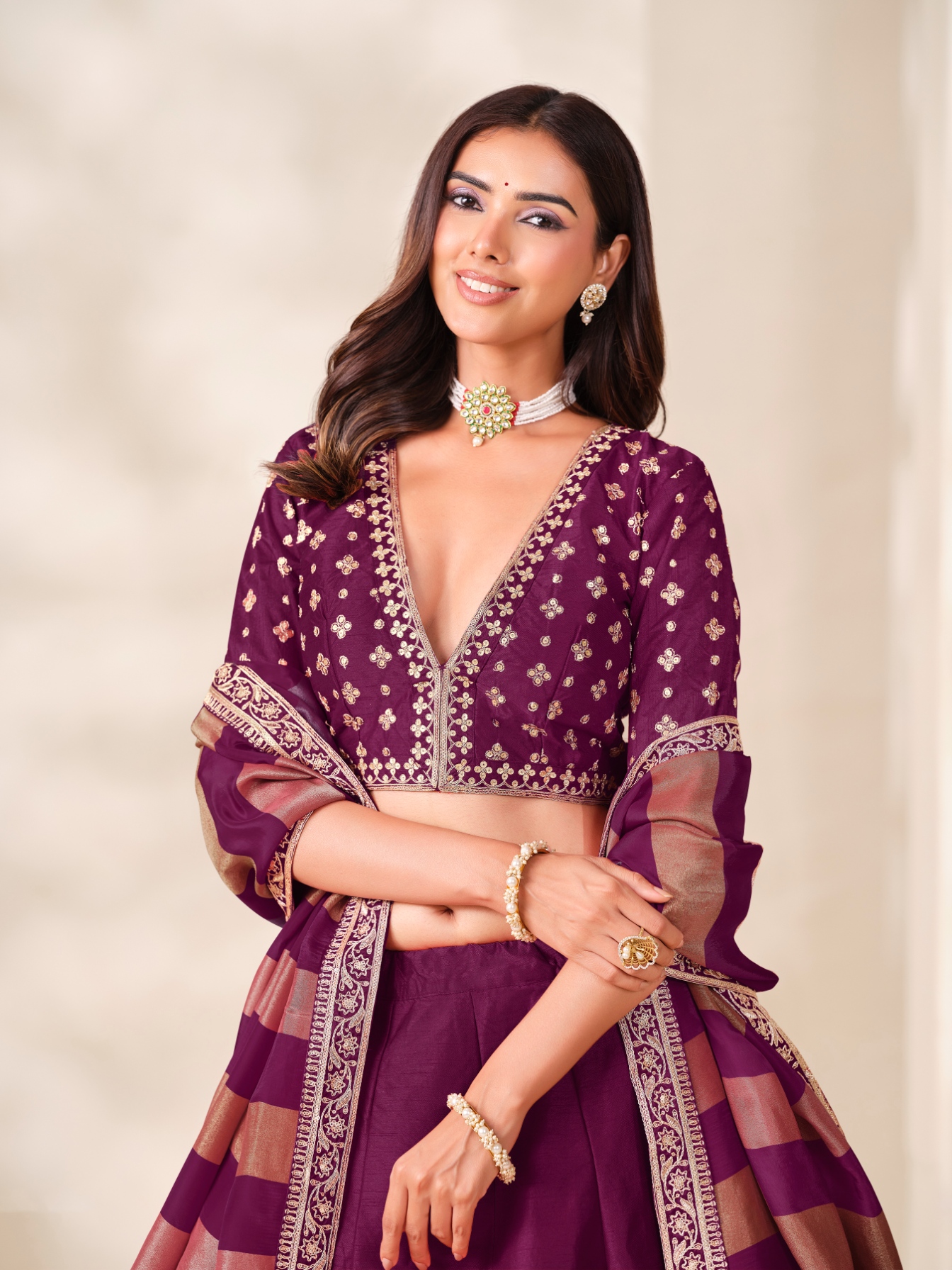 Wine Floral Embroidery Art Silk Circular Lehenga Choli
