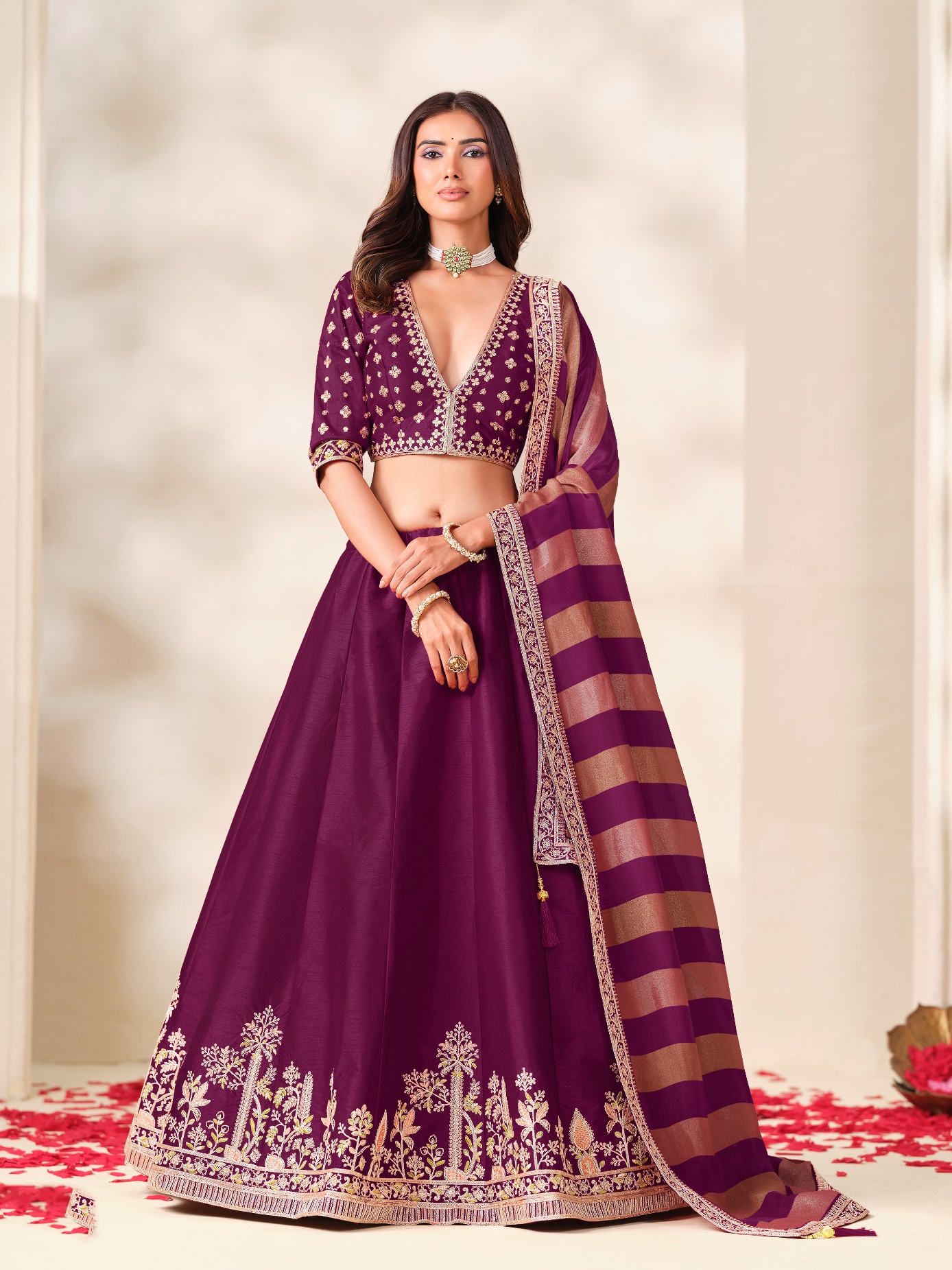 Wine Floral Embroidery Art Silk Circular Lehenga Choli
