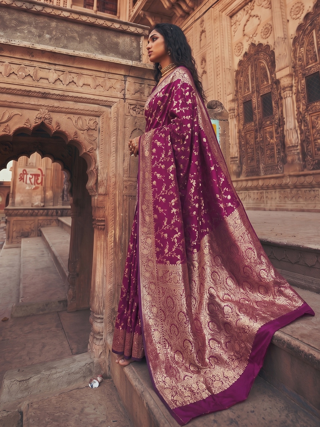 Wine Floral Jaal Art Silk Saree