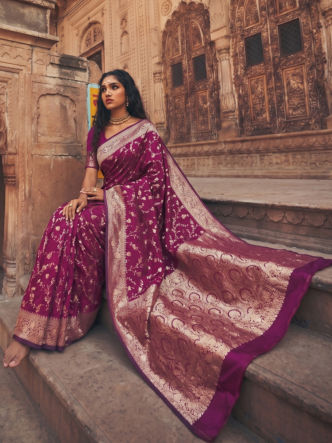 Wine Floral Jaal Art Silk Saree