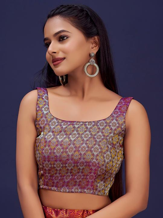 Wine Floral Jacquard Banarasi Silk Saree Blouse
