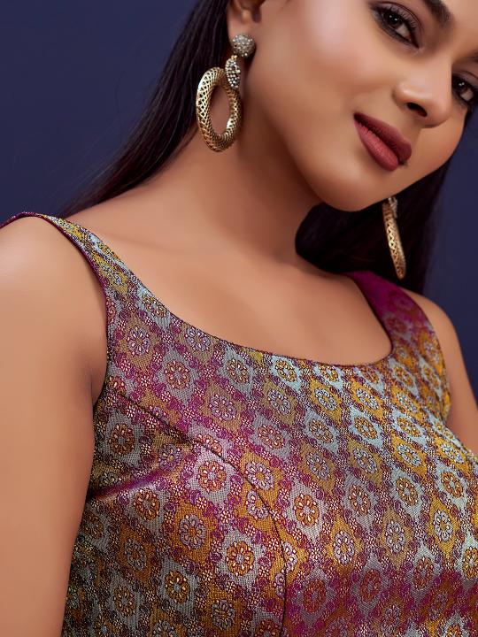 Wine Floral Jacquard Banarasi Silk Saree Blouse