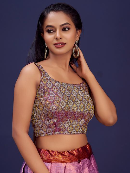 Wine Floral Jacquard Banarasi Silk Saree Blouse