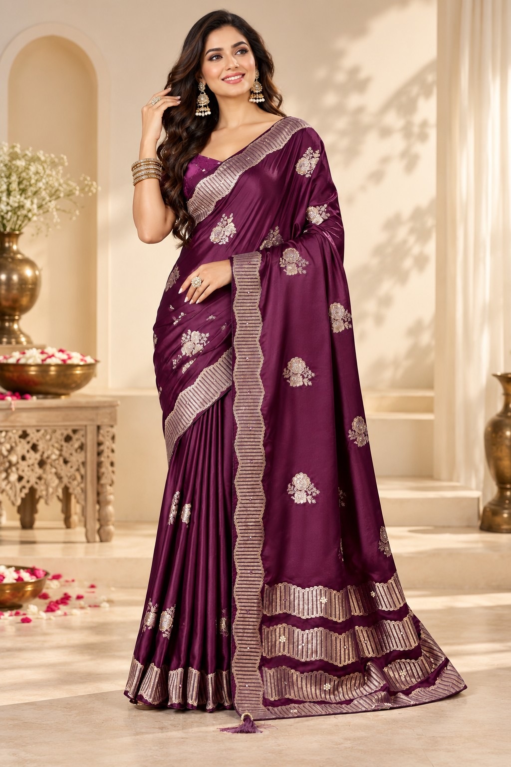 Wine Floral Jacquard Satin Tissue Saree