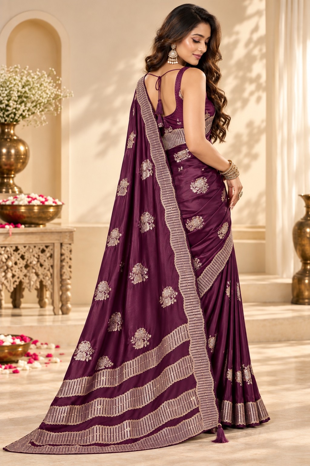 Wine Floral Jacquard Satin Tissue Saree — alternate view