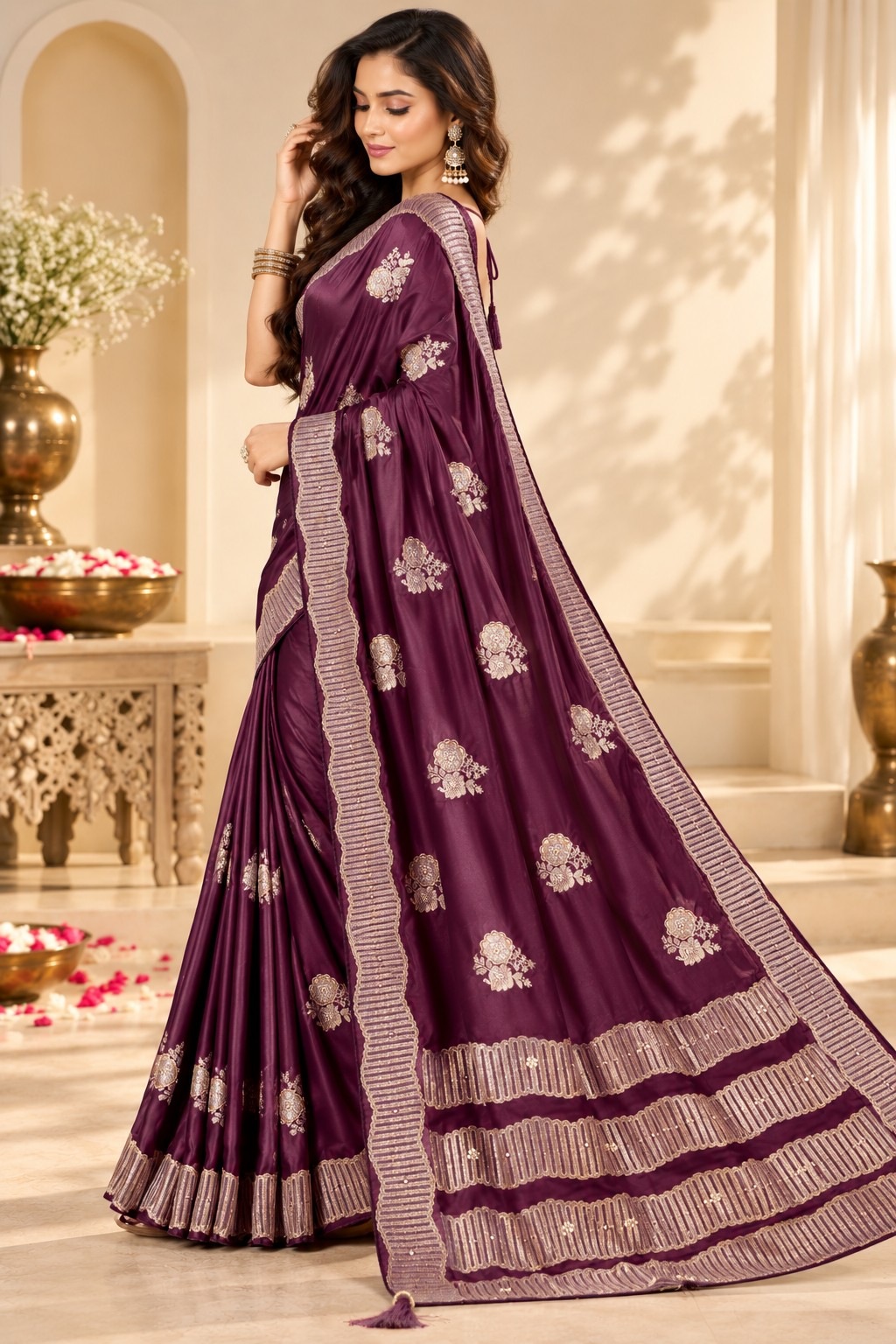Wine Floral Jacquard Satin Tissue Saree