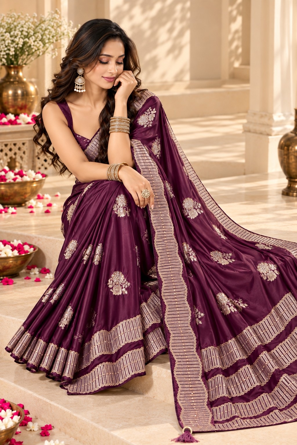 Wine Floral Jacquard Satin Tissue Saree