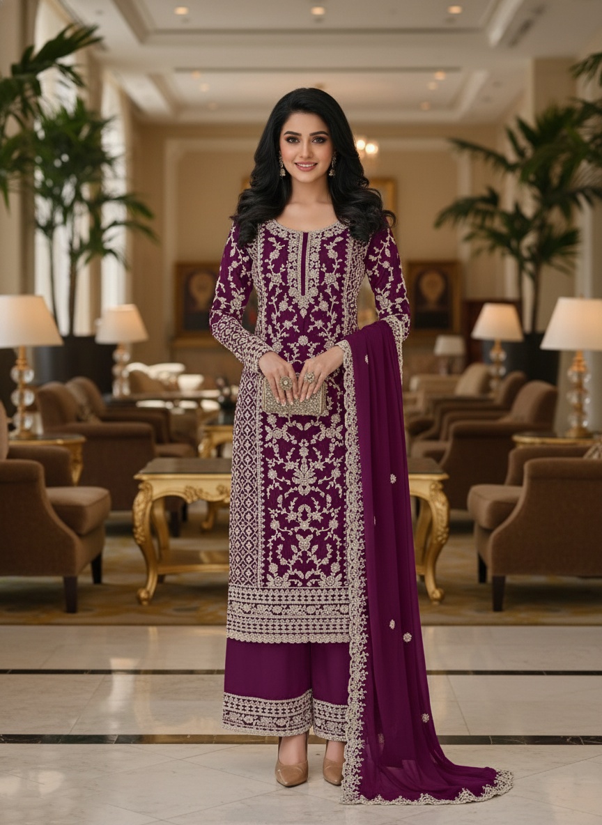 Wine Floral Net Palazzo Suit