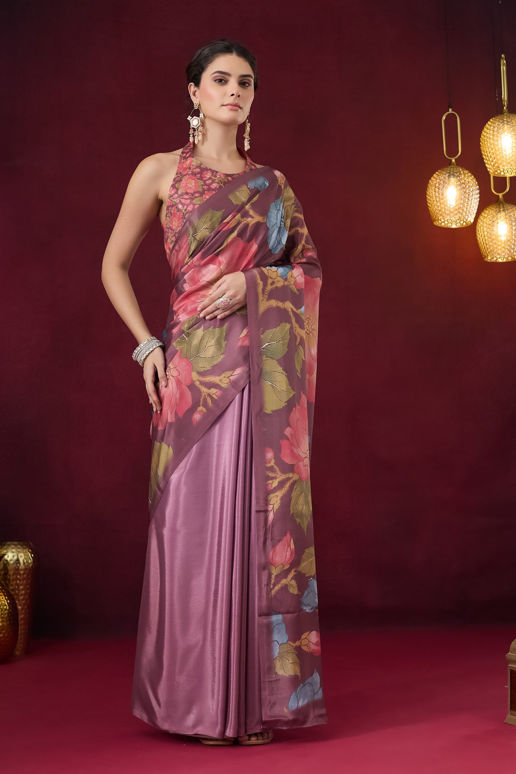 Wine Floral Print Ready To Wear Saree