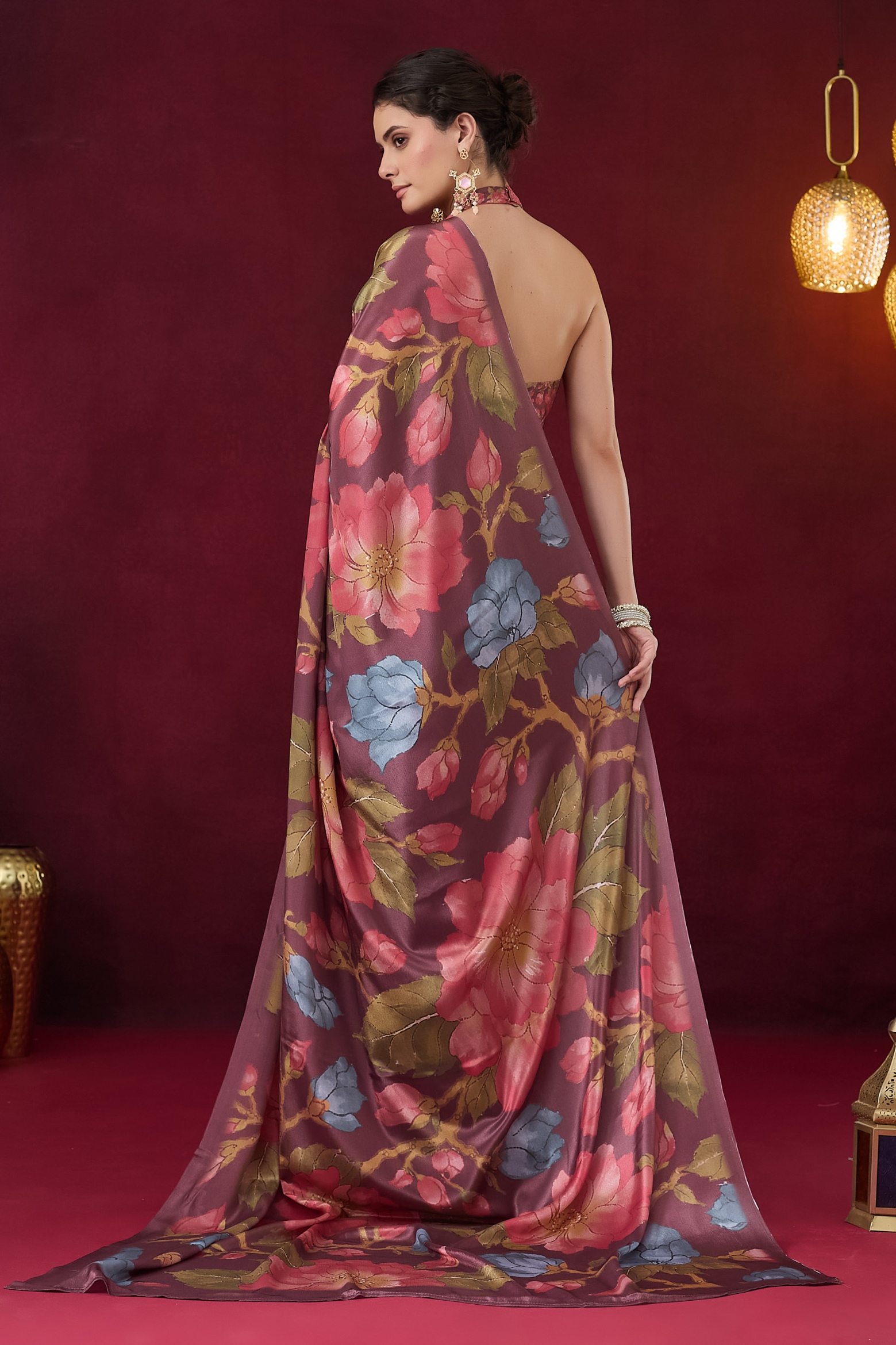 Wine Floral Print Ready To Wear Saree — alternate view